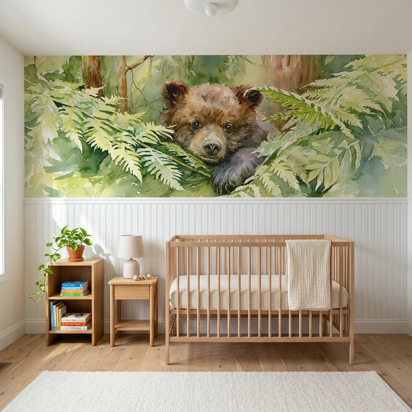 Watercolor wainscoting wallpaper of a bear cub peeking through ferns by Whimsy Tots