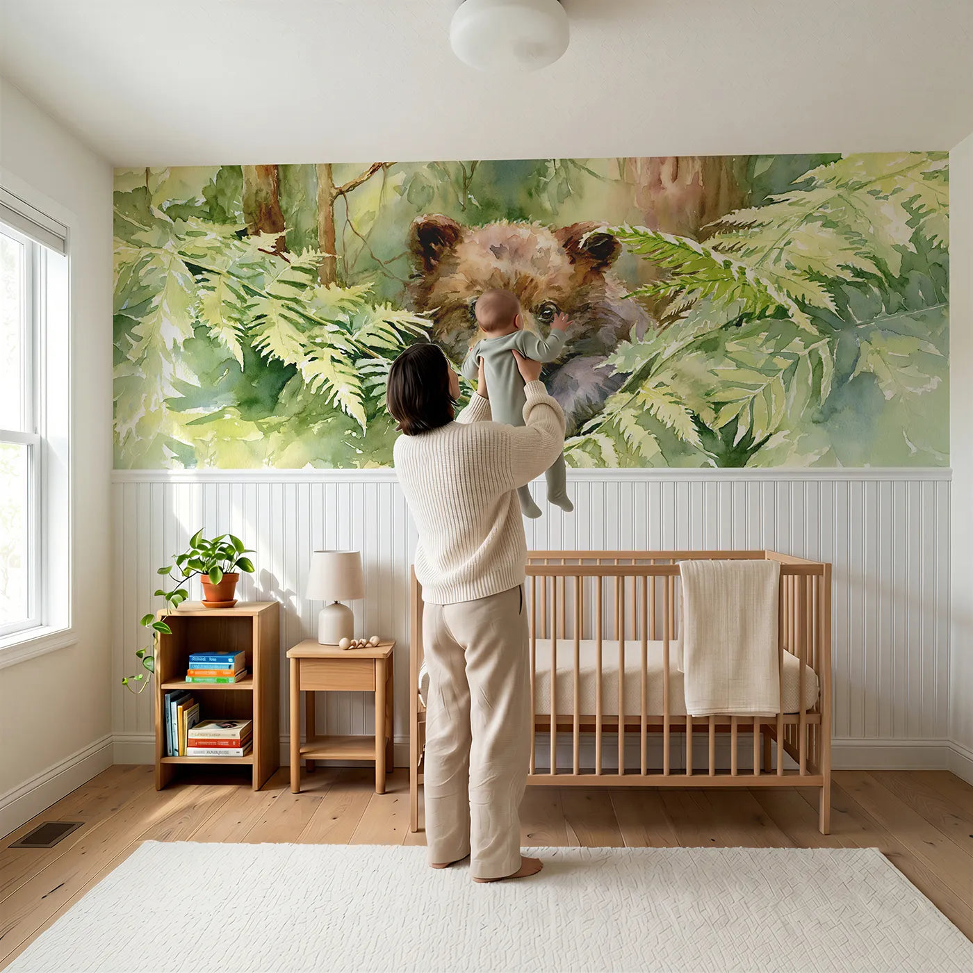 Child reading near Bear Cub Fern Hide Peek Wainscoting Wallpaper by Whimsy Tots
