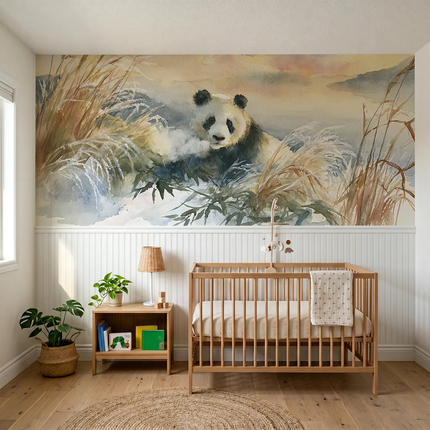 Watercolor wainscoting wallpaper of a panda in frosted winter grass by Whimsy Tots