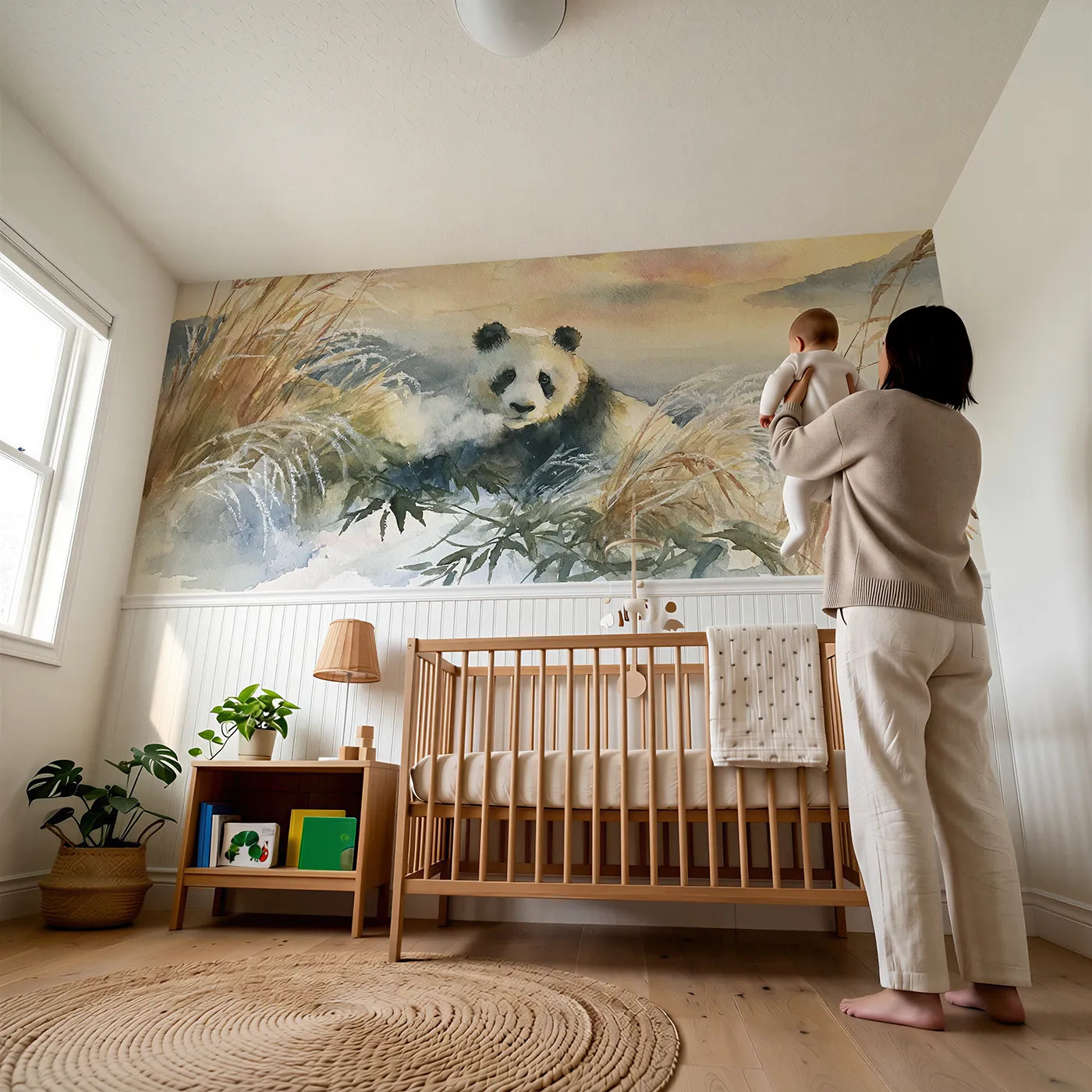 Child reading near Panda Frost Grass Morning Wainscoting Wallpaper by Whimsy Tots