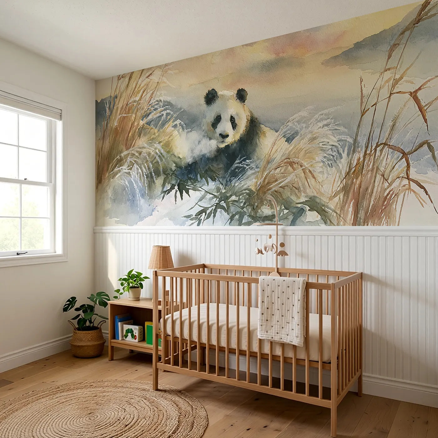 Panda Frost Grass Morning Wainscoting Wallpaper styled in a kids room by Whimsy Tots