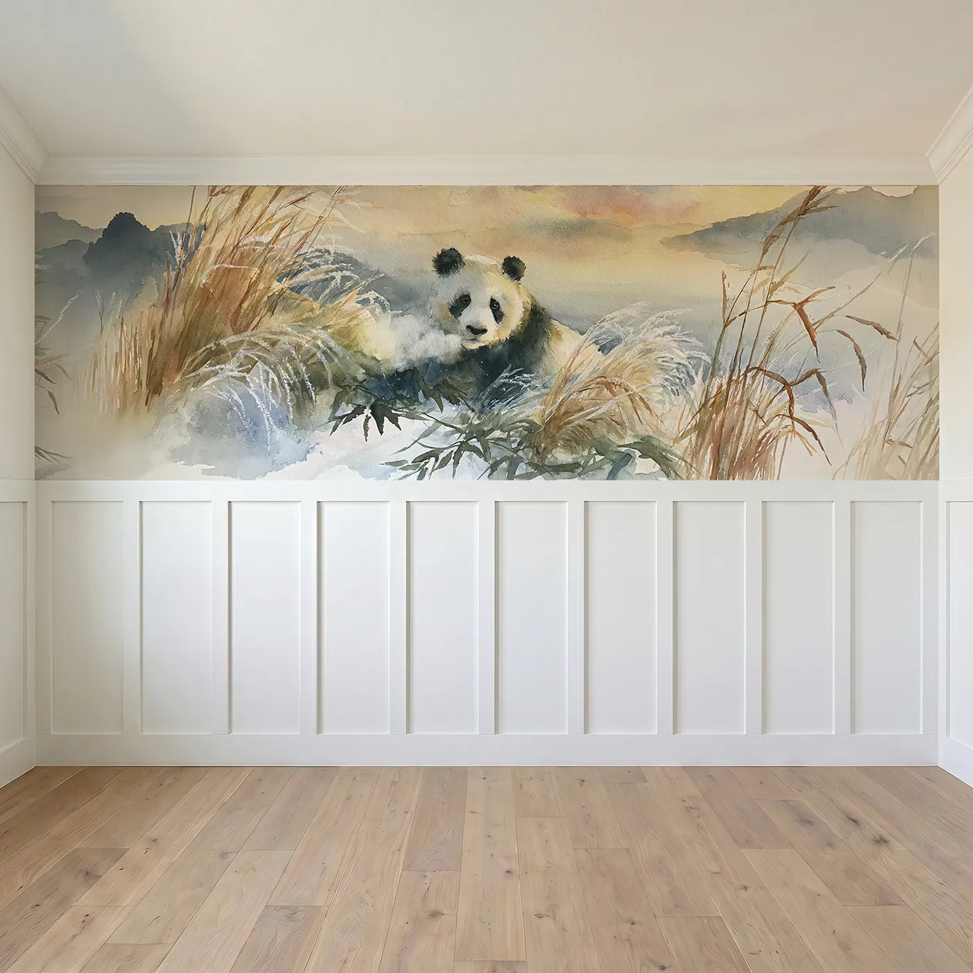 Full panel view of Panda Frost Grass Morning Wainscoting Wallpaper by Whimsy Tots