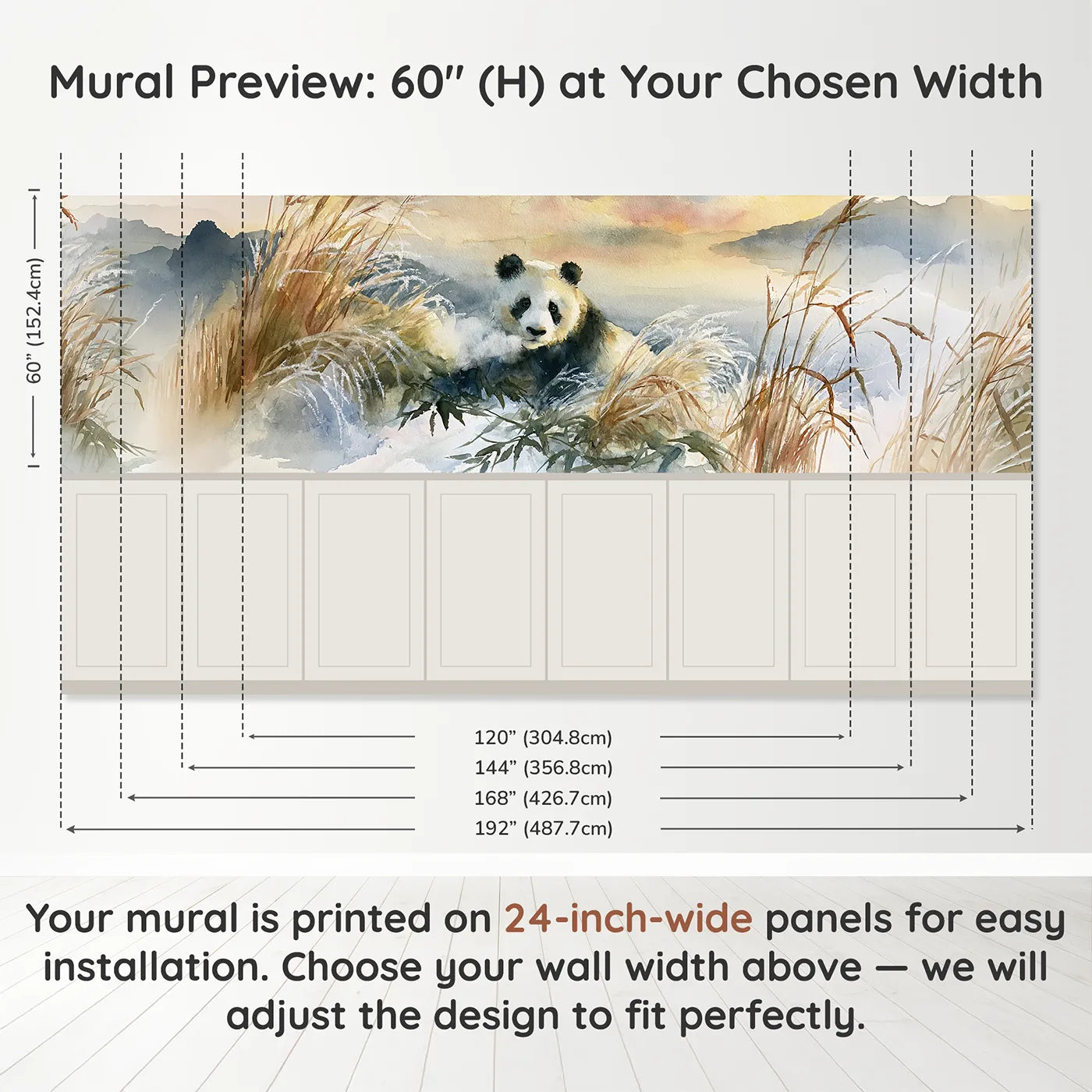 Panel dimensions for Panda Frost Grass Morning Wainscoting Wallpaper by Whimsy Tots
