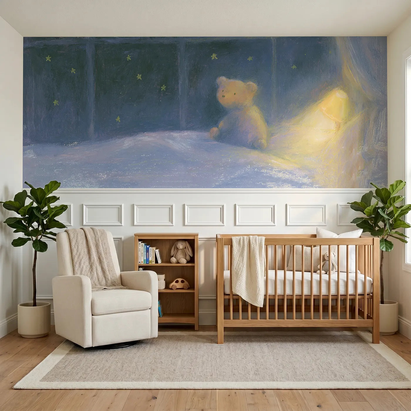 Soft pastel wainscoting wallpaper of a teddy at a starlit window by Whimsy Tots