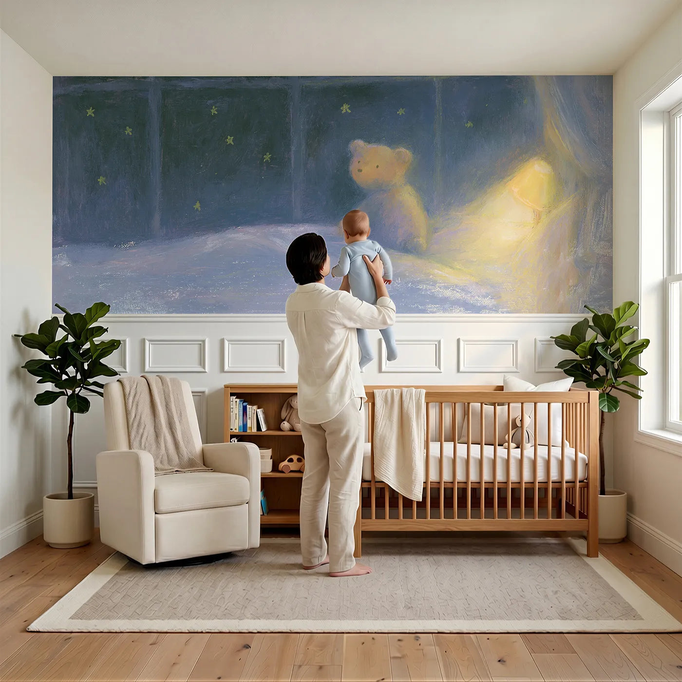 Child reading near Teddy Starlight Window Sit Wainscoting Wallpaper by Whimsy Tots