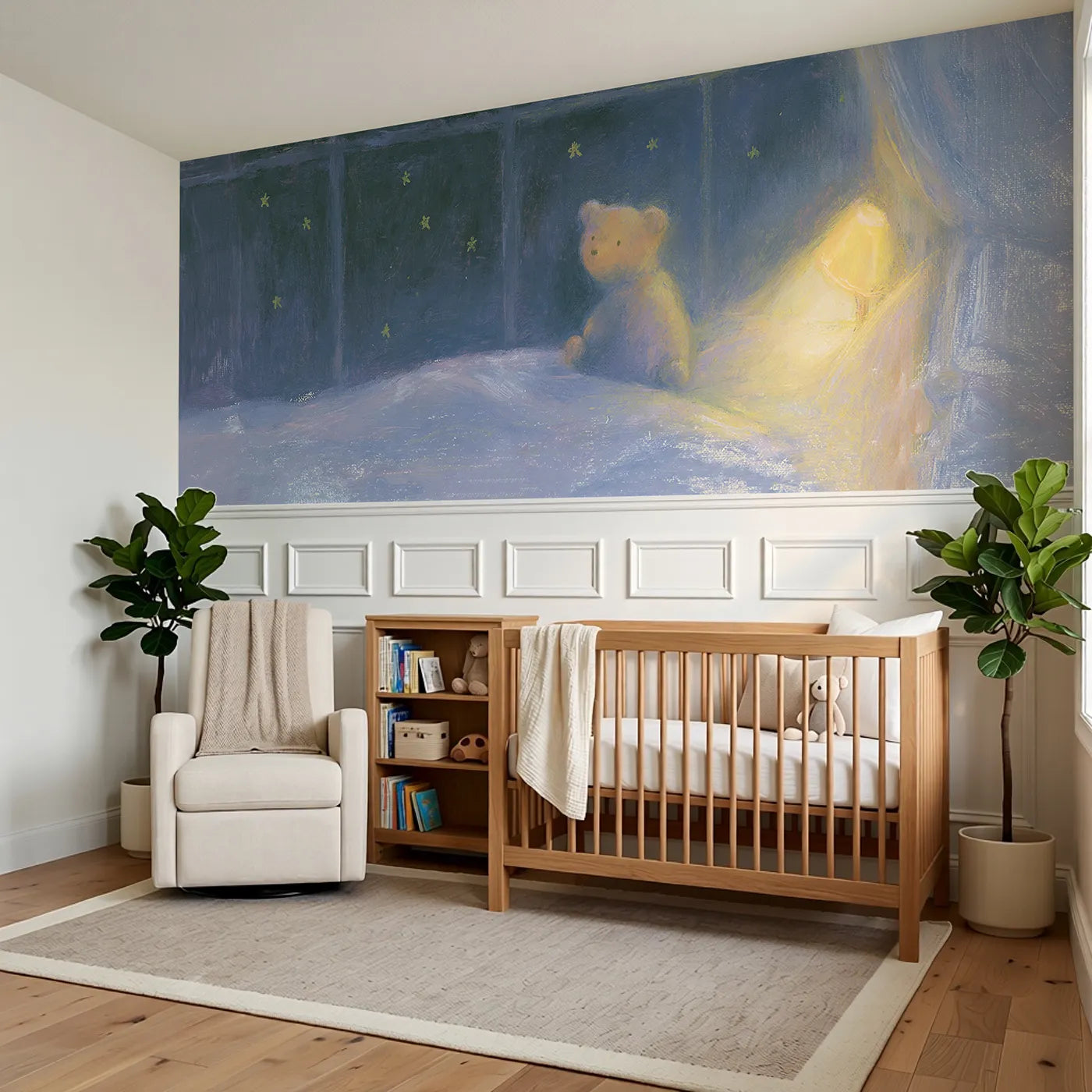 Teddy Starlight Window Sit Wainscoting Wallpaper styled in a kids room by Whimsy Tots