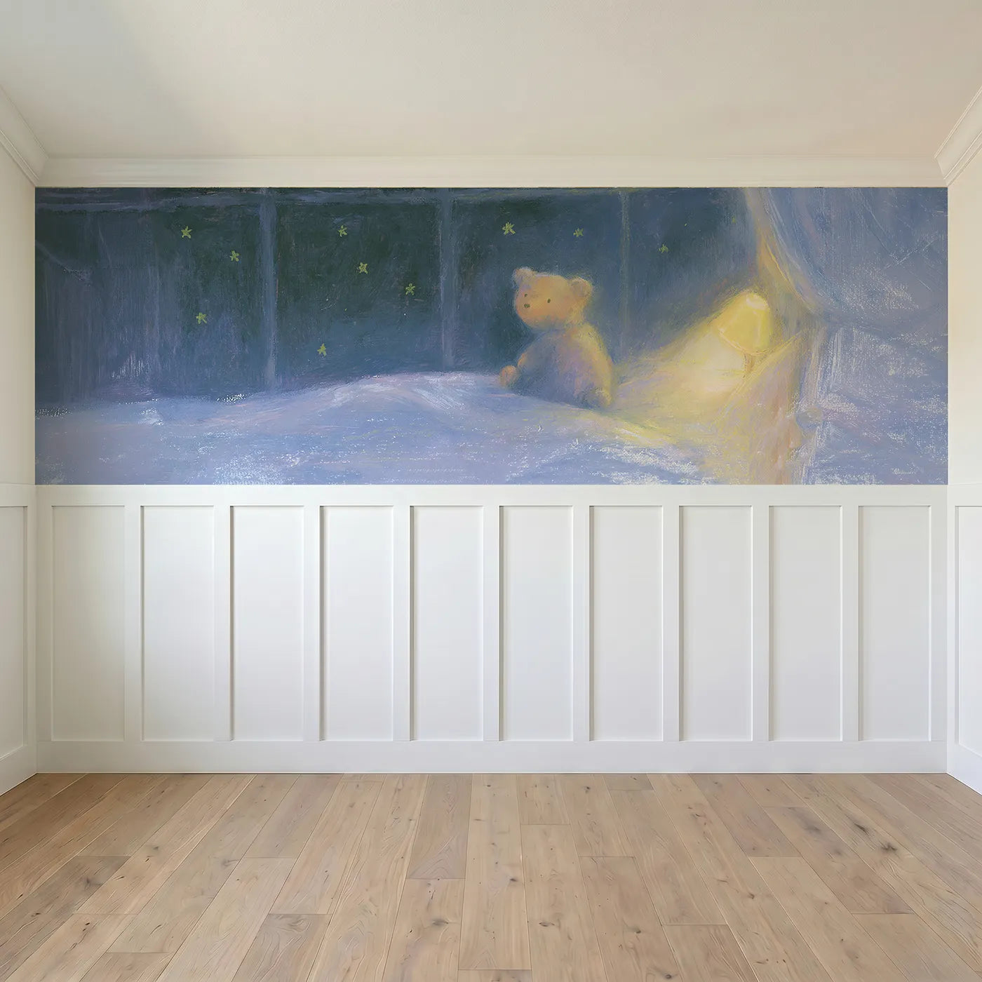 Full panel view of Teddy Starlight Window Sit Wainscoting Wallpaper by Whimsy Tots
