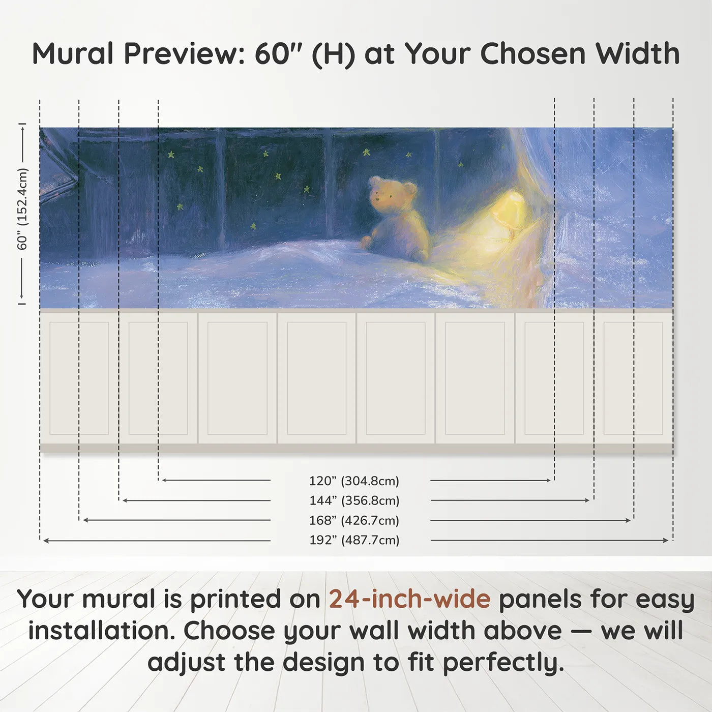 Panel dimensions for Teddy Starlight Window Sit Wainscoting Wallpaper by Whimsy Tots