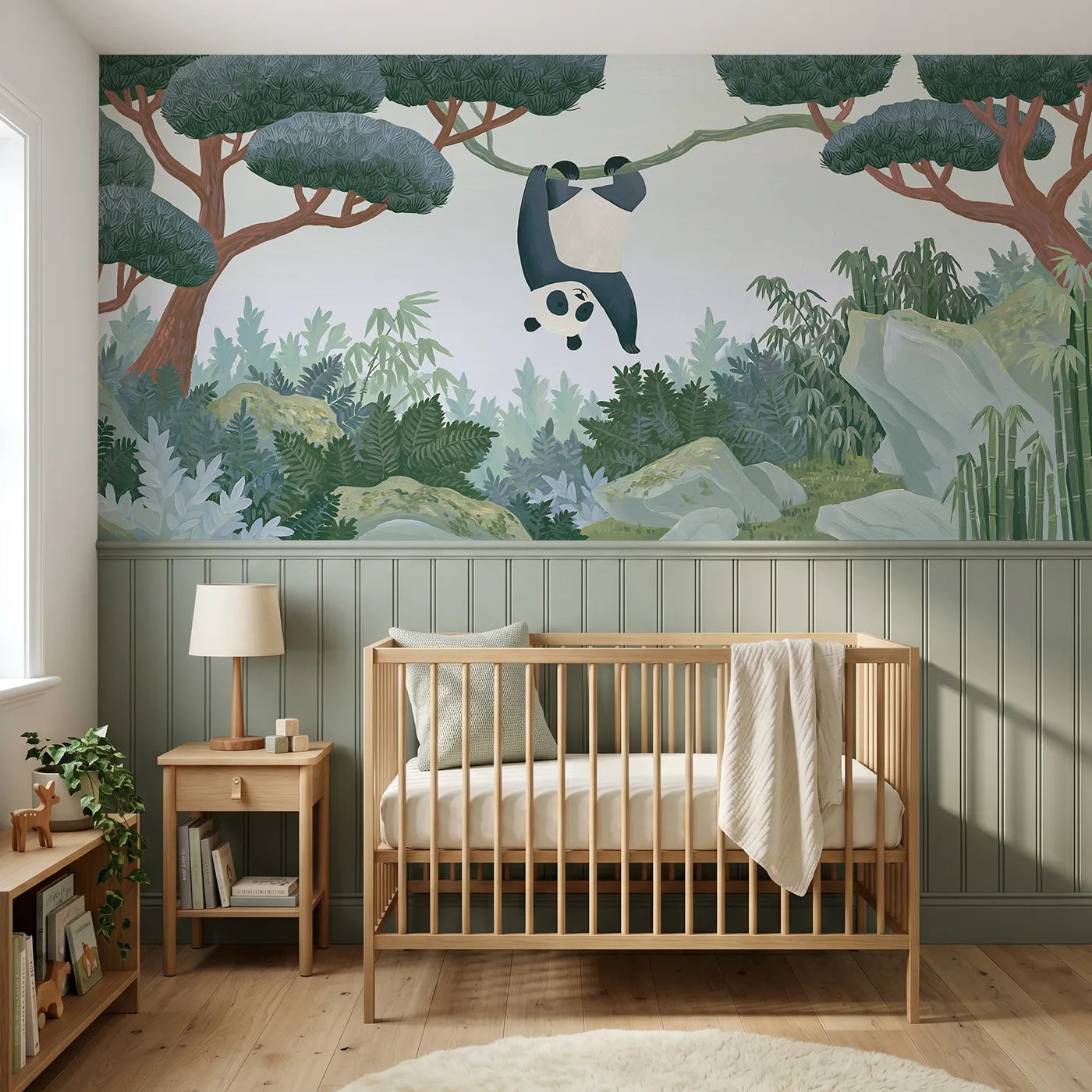 Modern illustration wainscoting wallpaper of a panda hanging upside down by Whimsy Tots