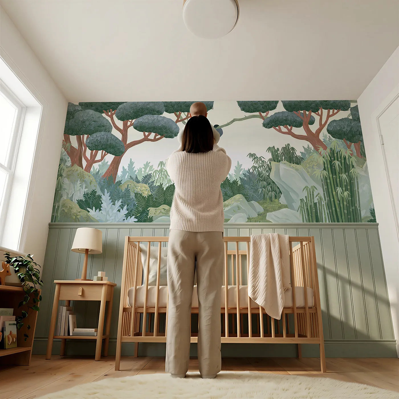 Child reading near Painted Panda Upside Down Hang Wainscoting Wallpaper by Whimsy Tots