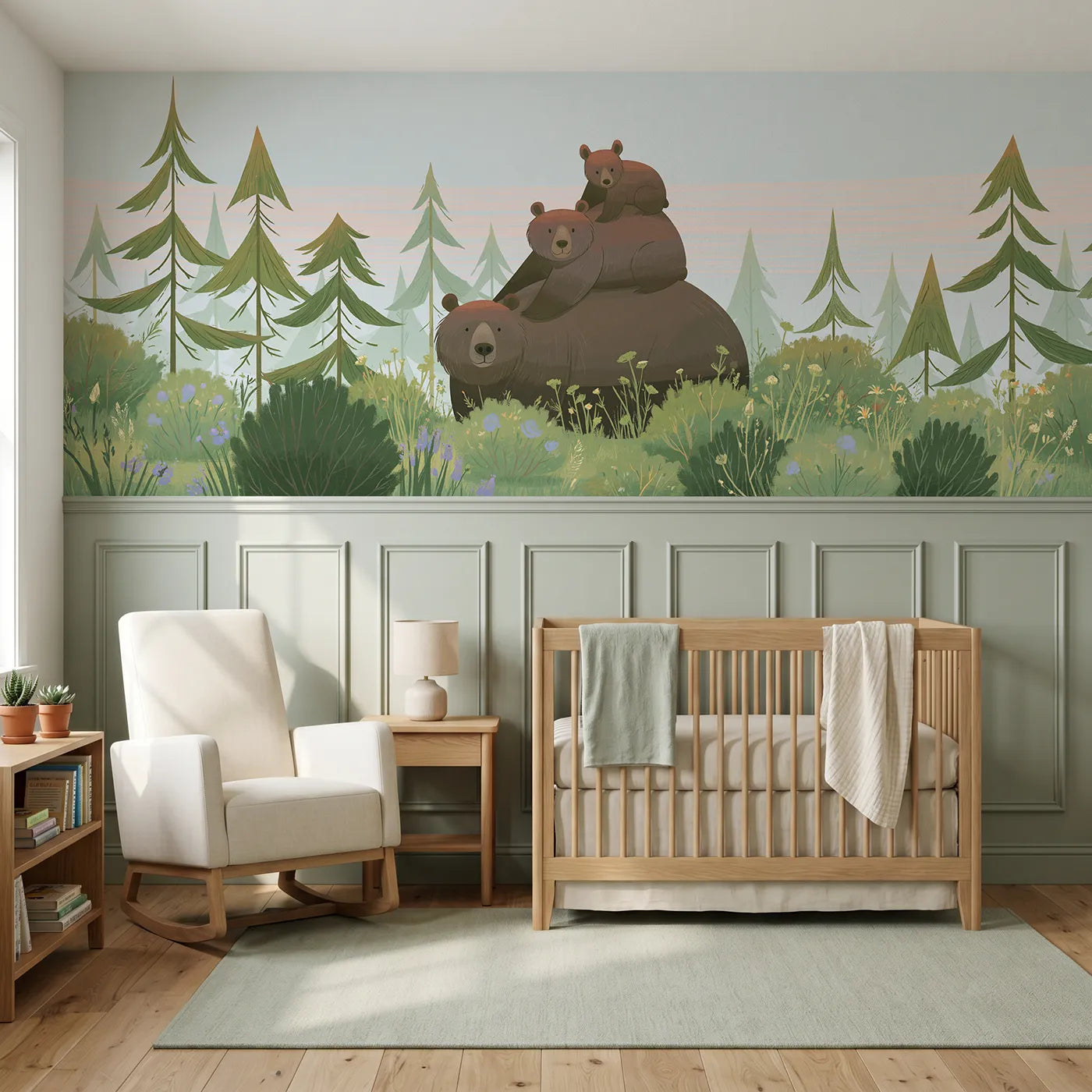 Modern illustration wainscoting wallpaper of a bear cub on shoulders by Whimsy Tots