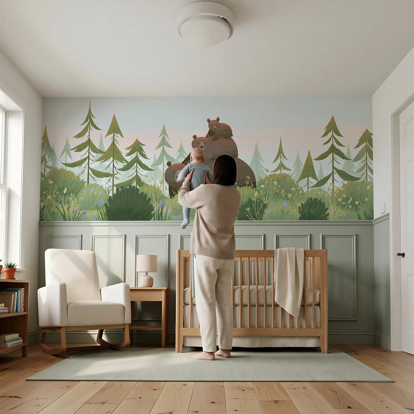 Child reading near Painted Bear Cub Piggyback Wainscoting Wallpaper by Whimsy Tots