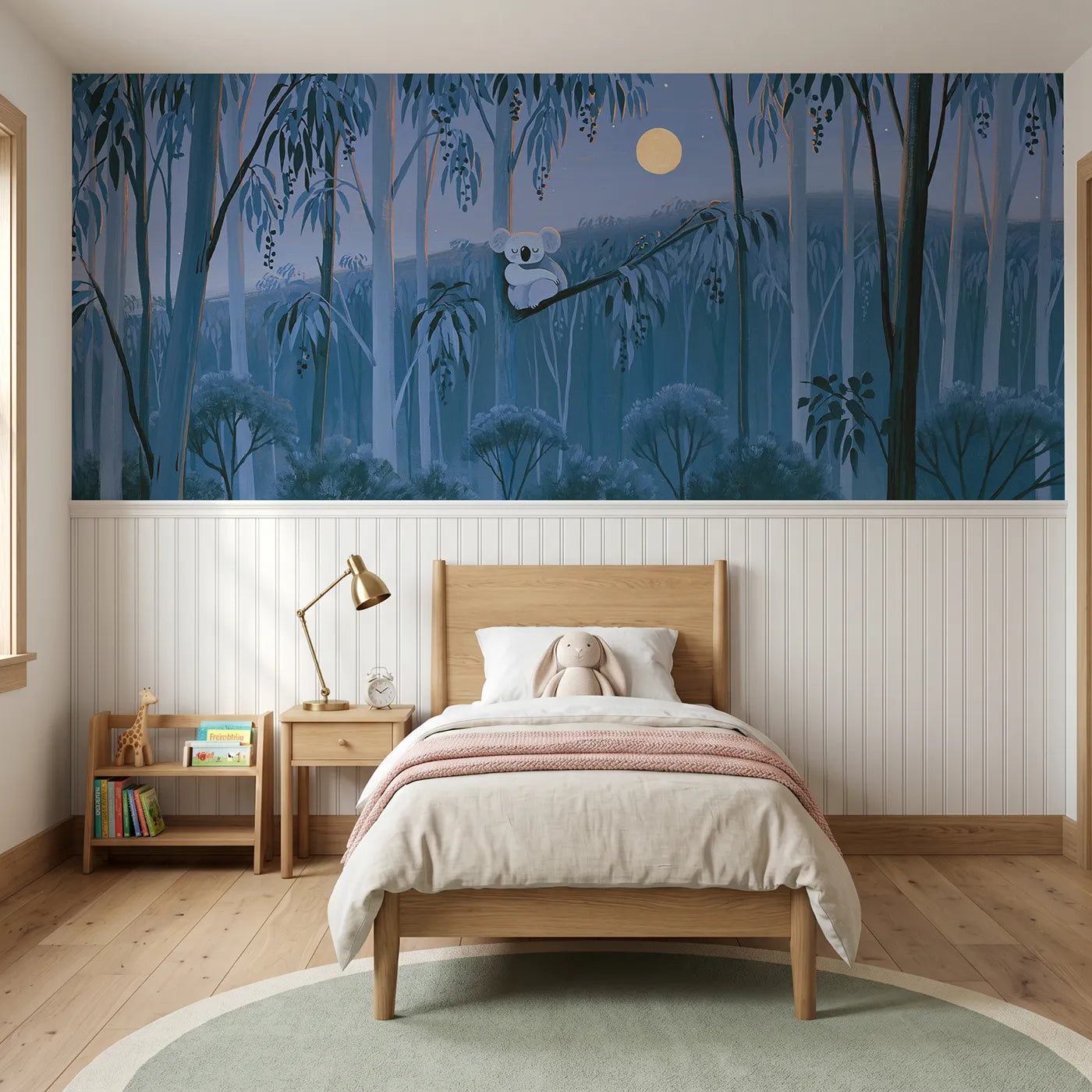 Modern illustration wainscoting wallpaper of a koala clinging at night by Whimsy Tots