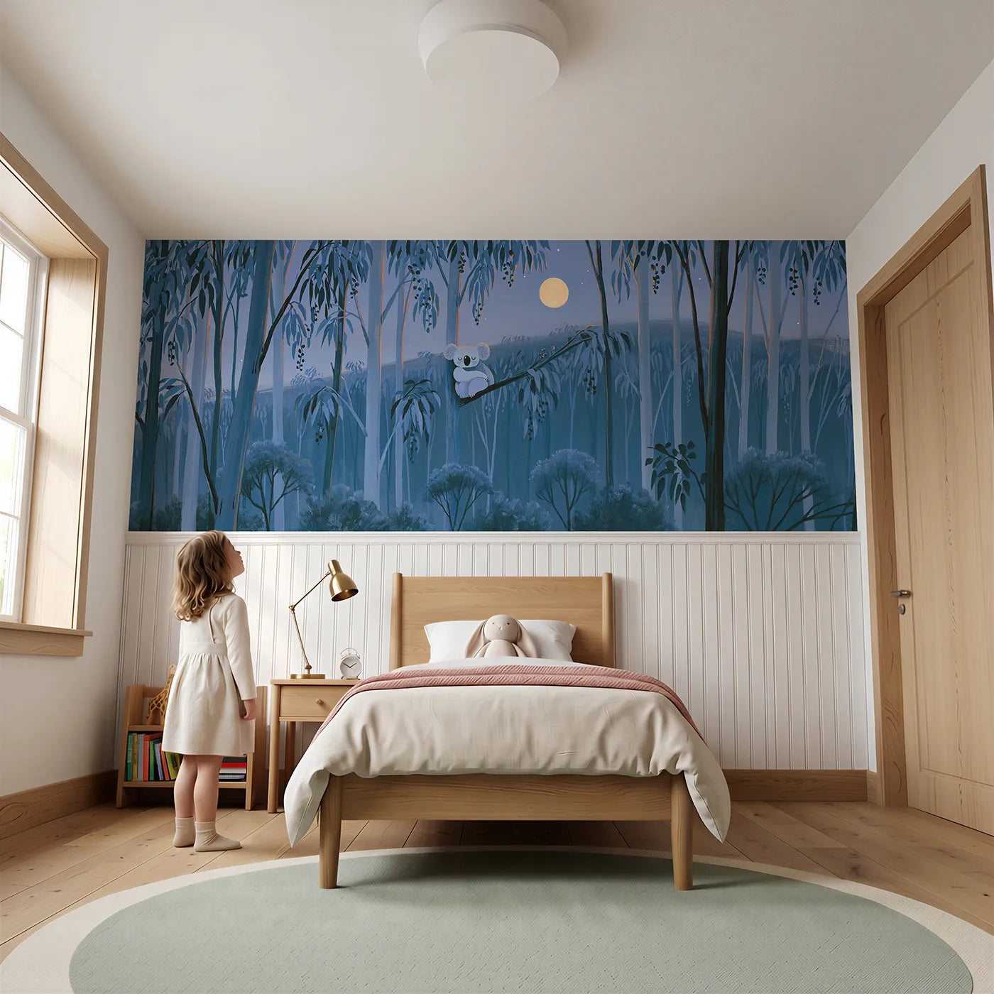 Child reading near Painted Koala Night Cling Wainscoting Wallpaper by Whimsy Tots