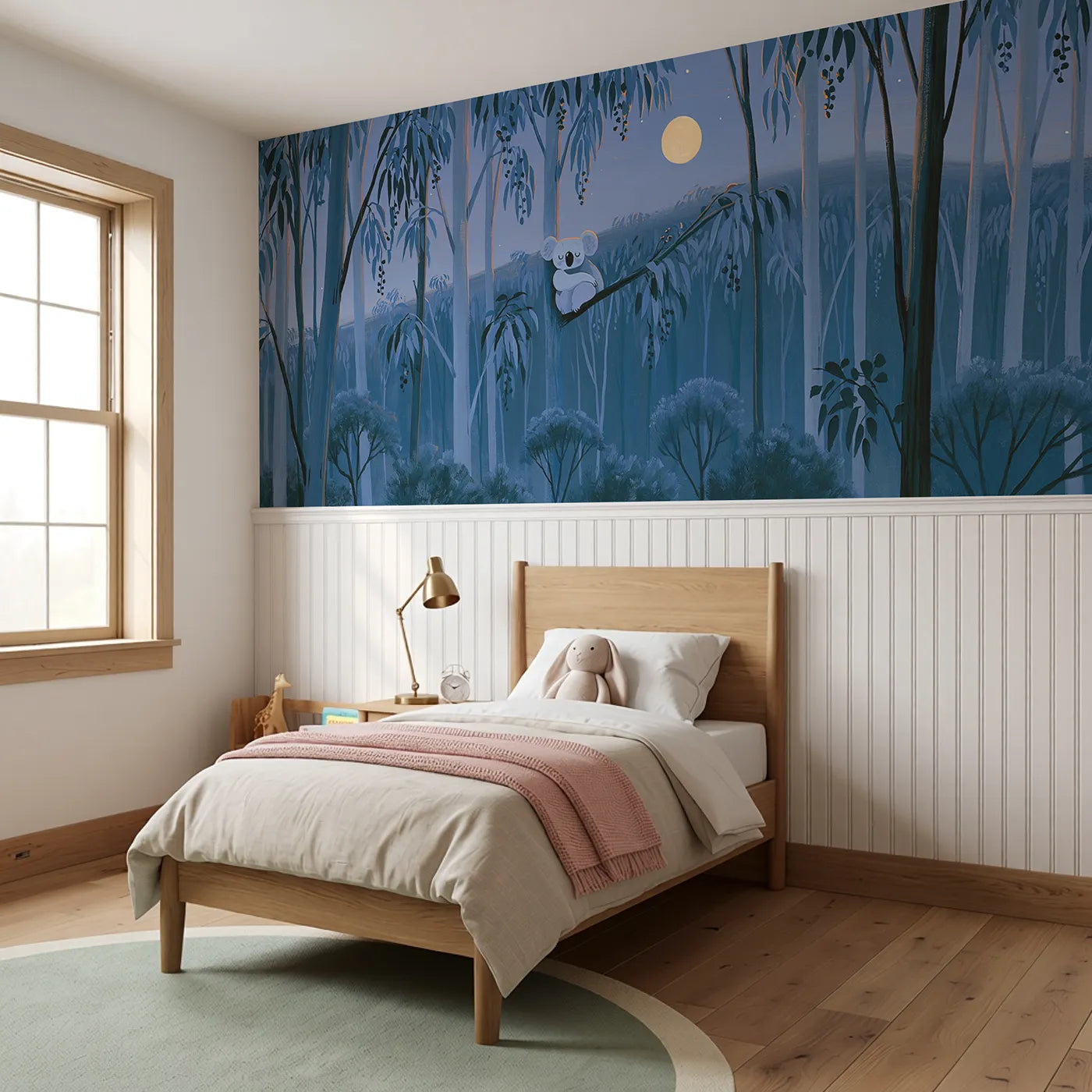Painted Koala Night Cling Wainscoting Wallpaper styled in a kids room by Whimsy Tots