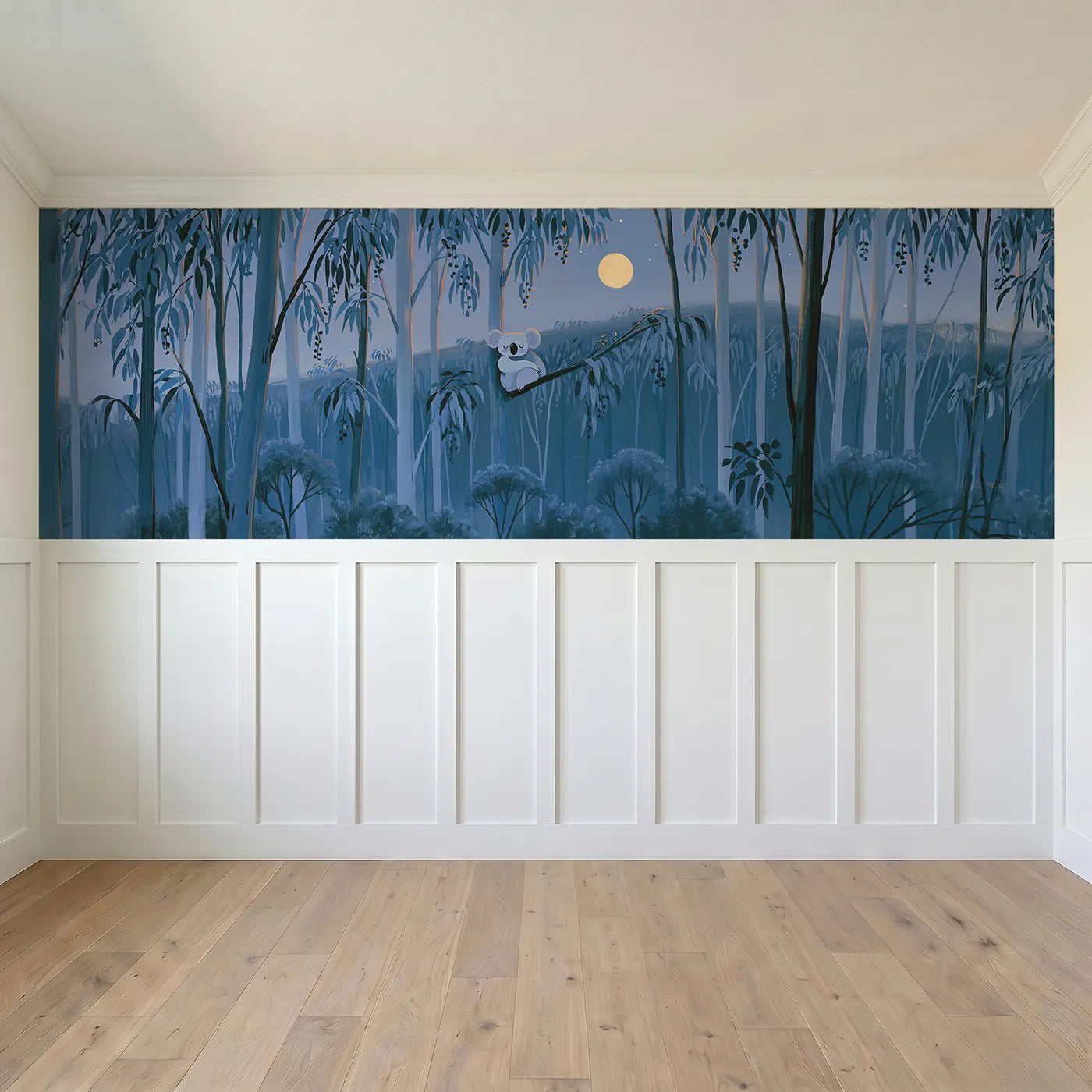 Full panel view of Painted Koala Night Cling Wainscoting Wallpaper by Whimsy Tots