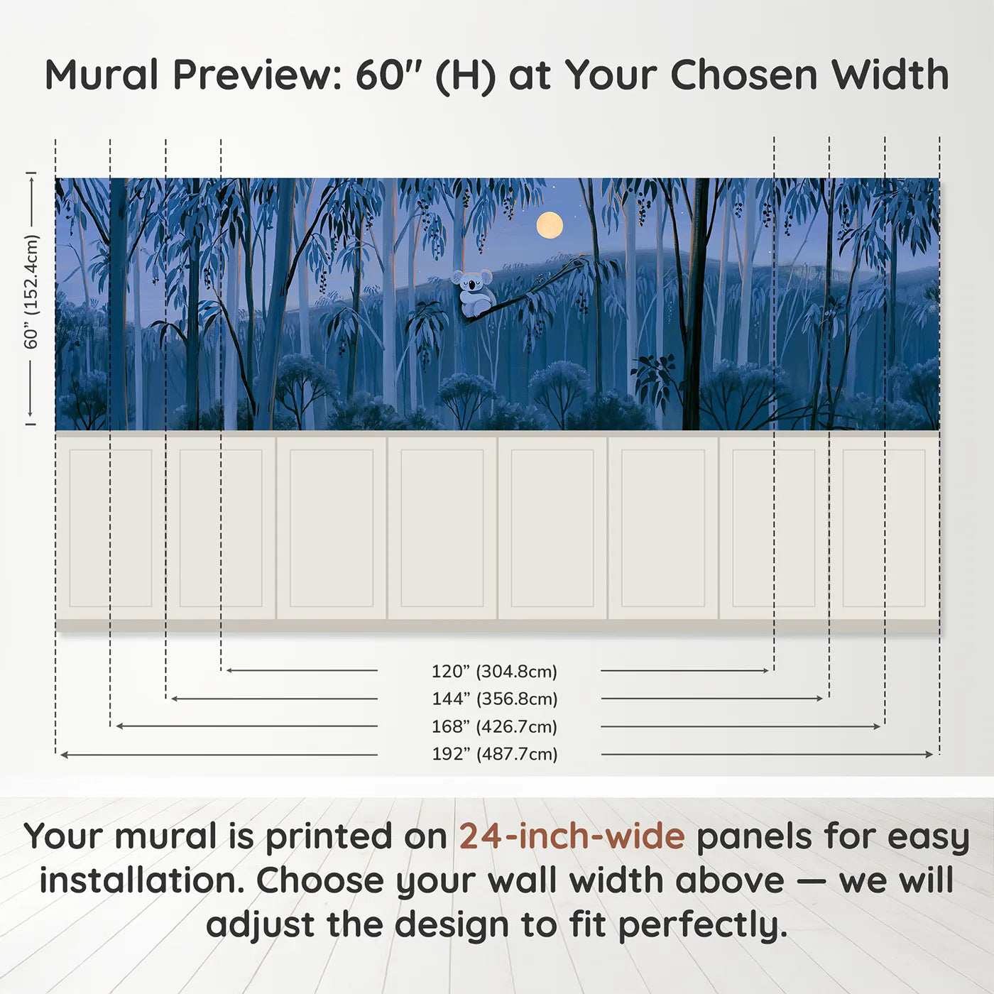 Panel dimensions for Painted Koala Night Cling Wainscoting Wallpaper by Whimsy Tots