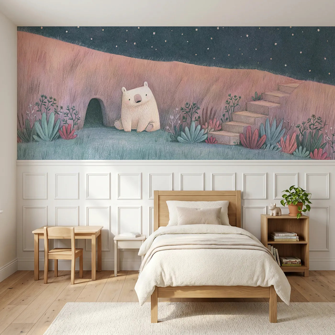 Colored pencil wainscoting wallpaper of a bear at a starlit den mouth by Whimsy Tots