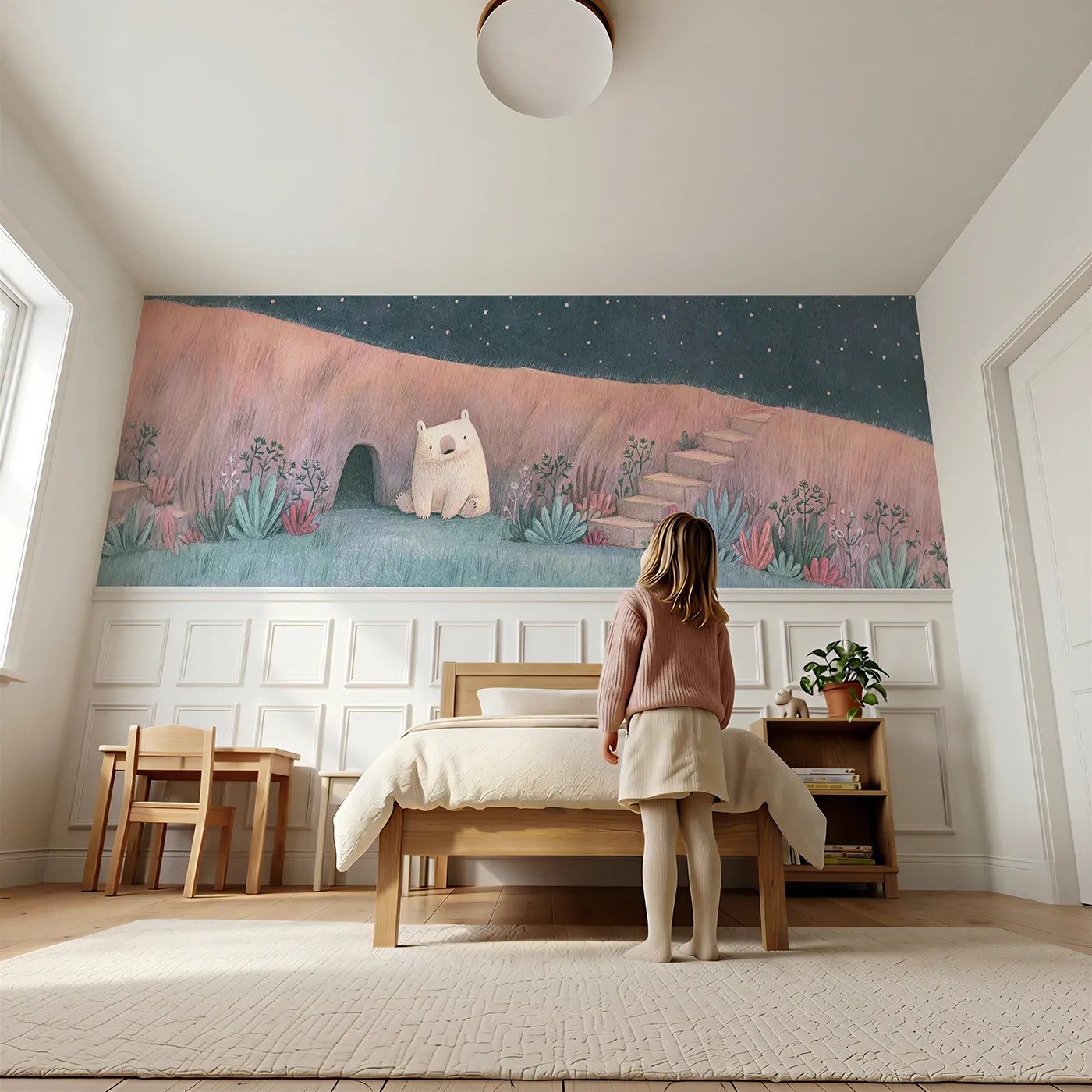 Child reading near Bear Starlit Den Mouth Wainscoting Wallpaper by Whimsy Tots