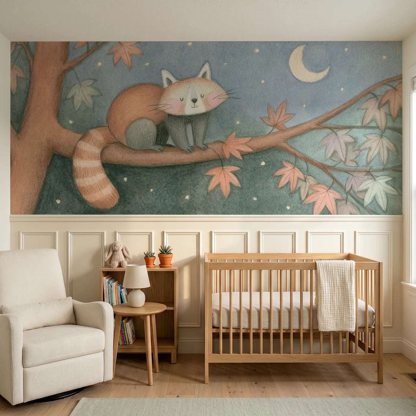 Colored pencil wainscoting mural of a red panda on a moonlit branch by Whimsy Tots