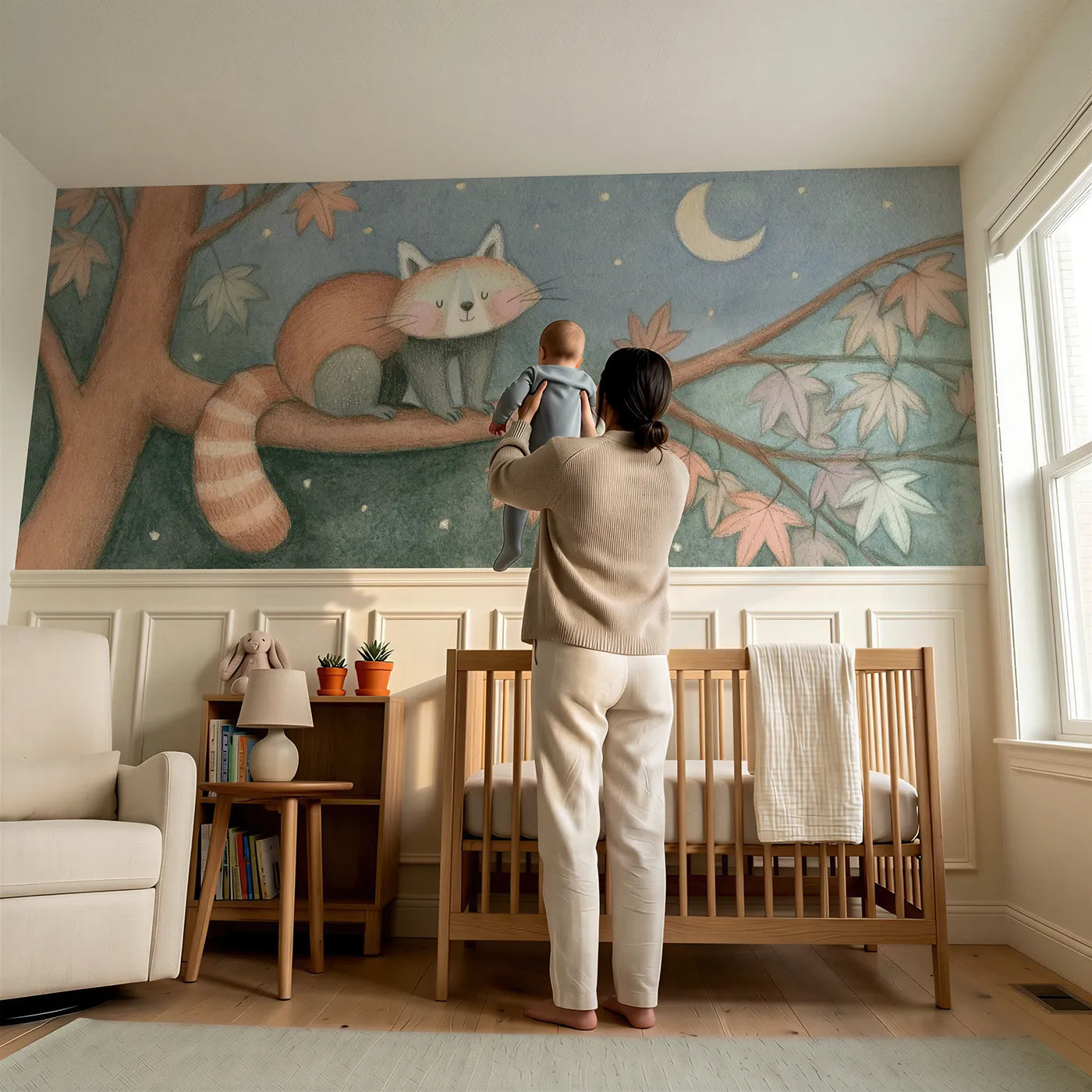 Child reading near Red Panda Moon Branch Wainscoting Wallpaper by Whimsy Tots