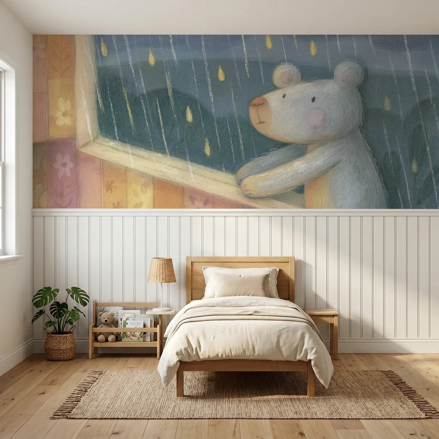 Colored pencil wainscoting wallpaper of a teddy at a rainy window by Whimsy Tots