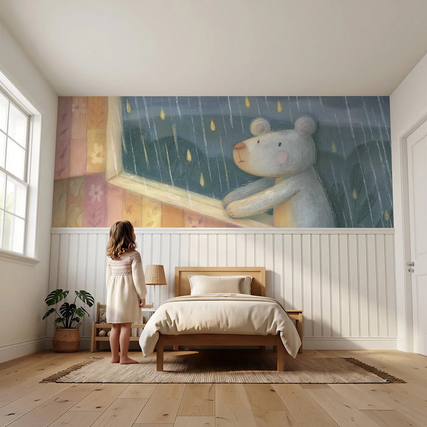 Child reading near Teddy Rainy Window Watch Wainscoting Wallpaper by Whimsy Tots