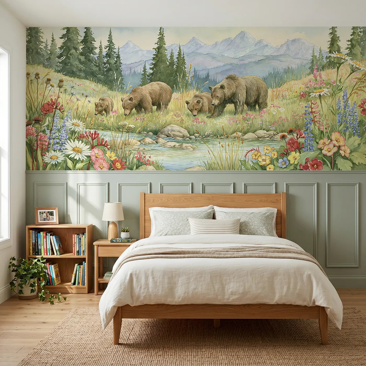 Storybook wainscoting wallpaper of bears in a mountain flower meadow by Whimsy Tots
