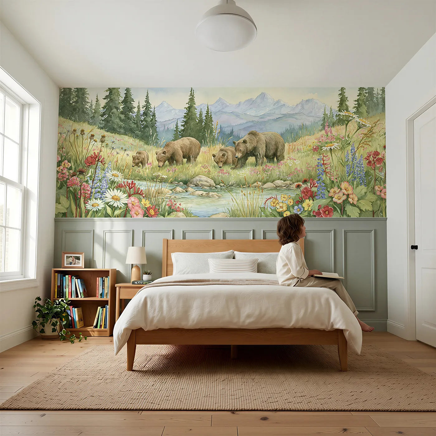 Child reading near Bears In The Mountain Meadow Wainscoting Wallpaper by Whimsy Tots