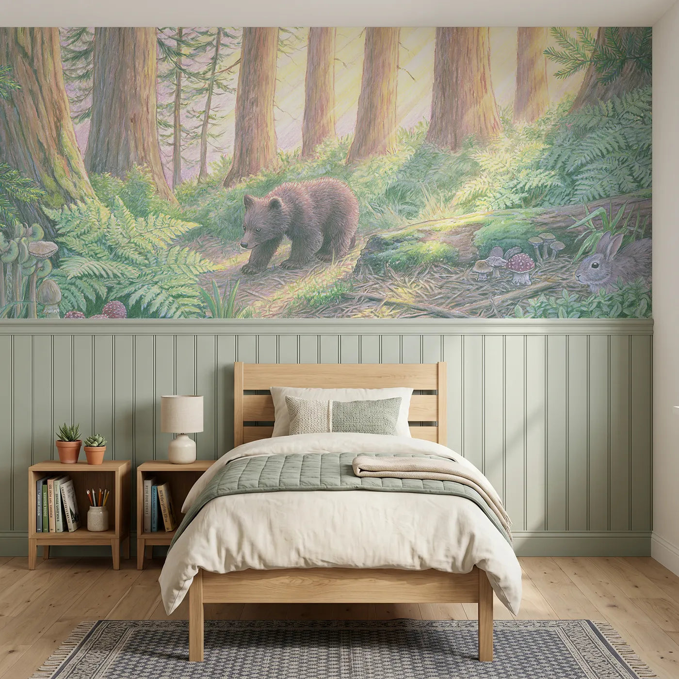 Colored pencil wainscoting mural of morning light in a pine grove by Whimsy Tots