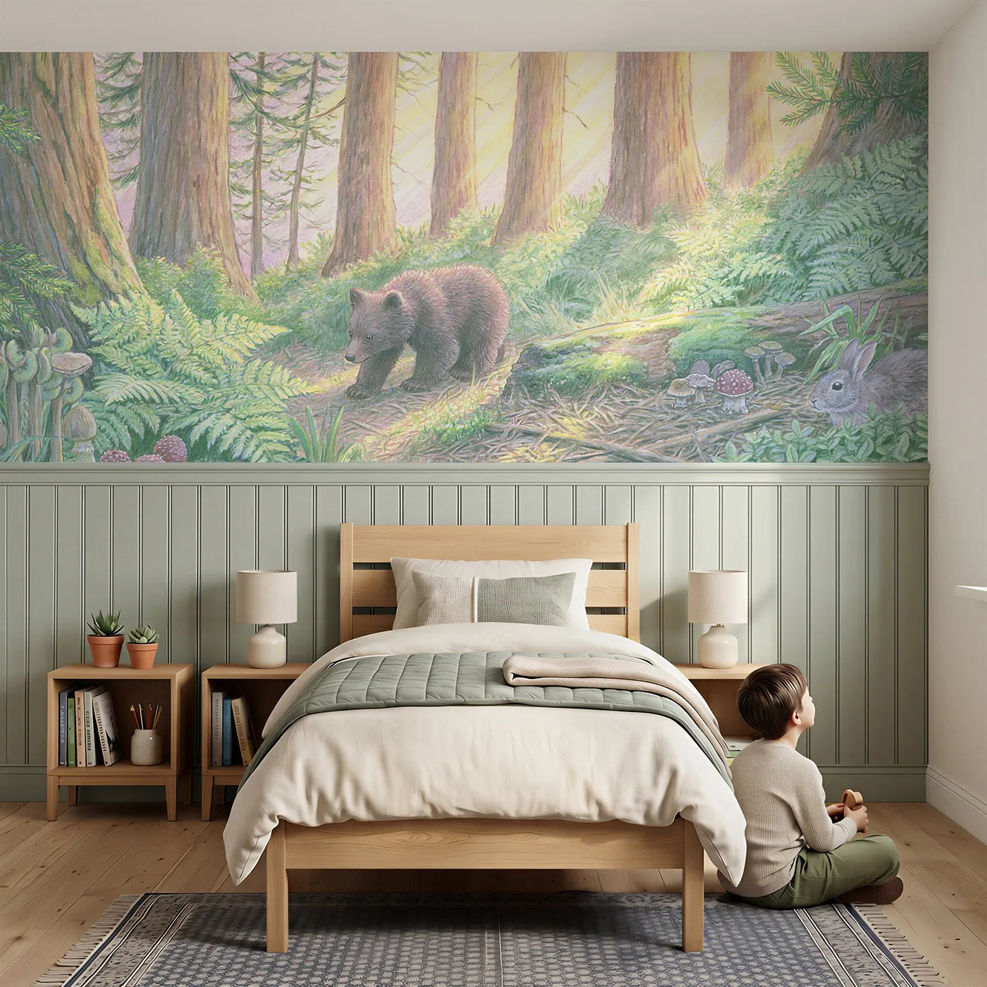 Child reading near Morning In The Pine Grove Wainscoting Wallpaper by Whimsy Tots