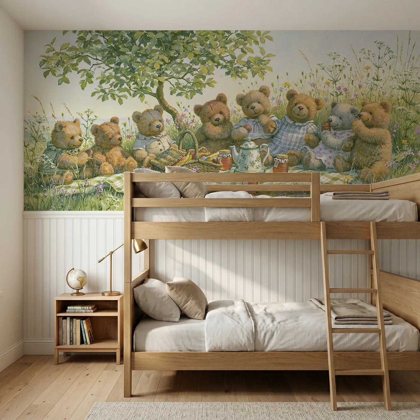 Storybook wainscoting wallpaper of a teddy bears picnic in a meadow by Whimsy Tots