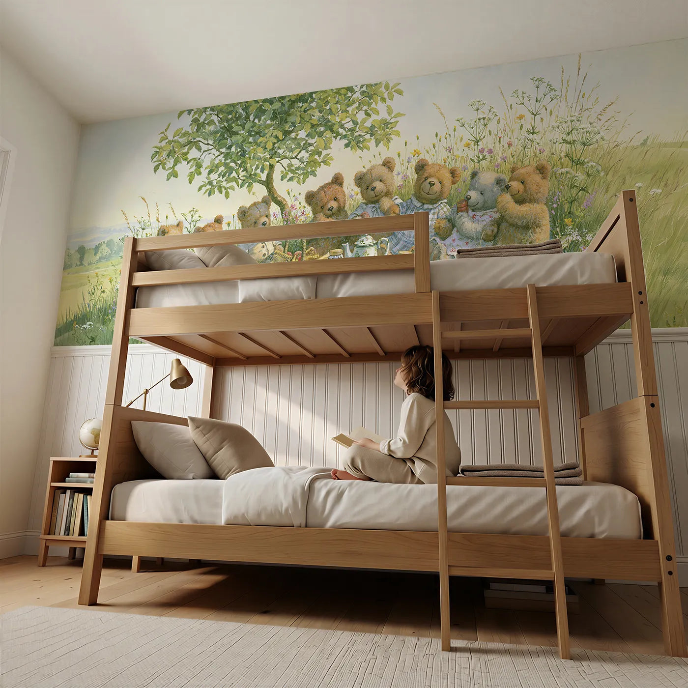 Child reading near The Teddy Bears Picnic Wainscoting Wallpaper by Whimsy Tots