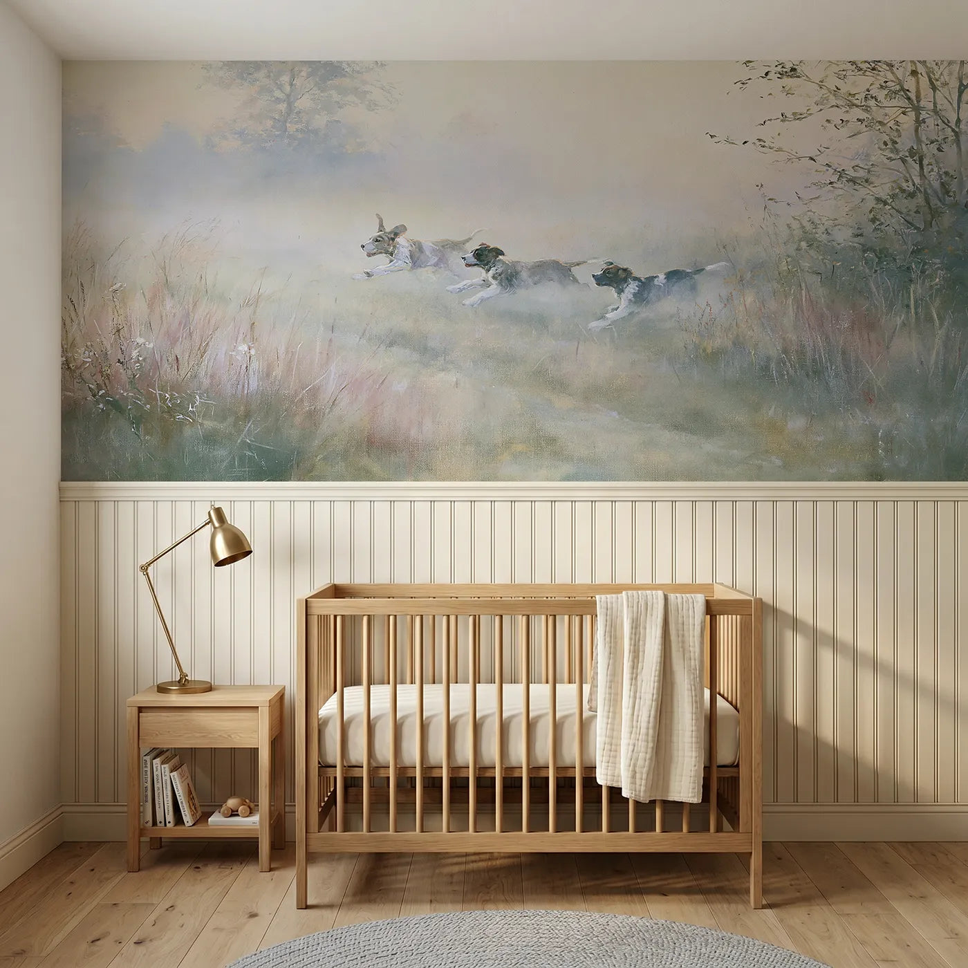 Watercolor wainscoting wallpaper of three puppies romping a meadow path by Whimsy Tots