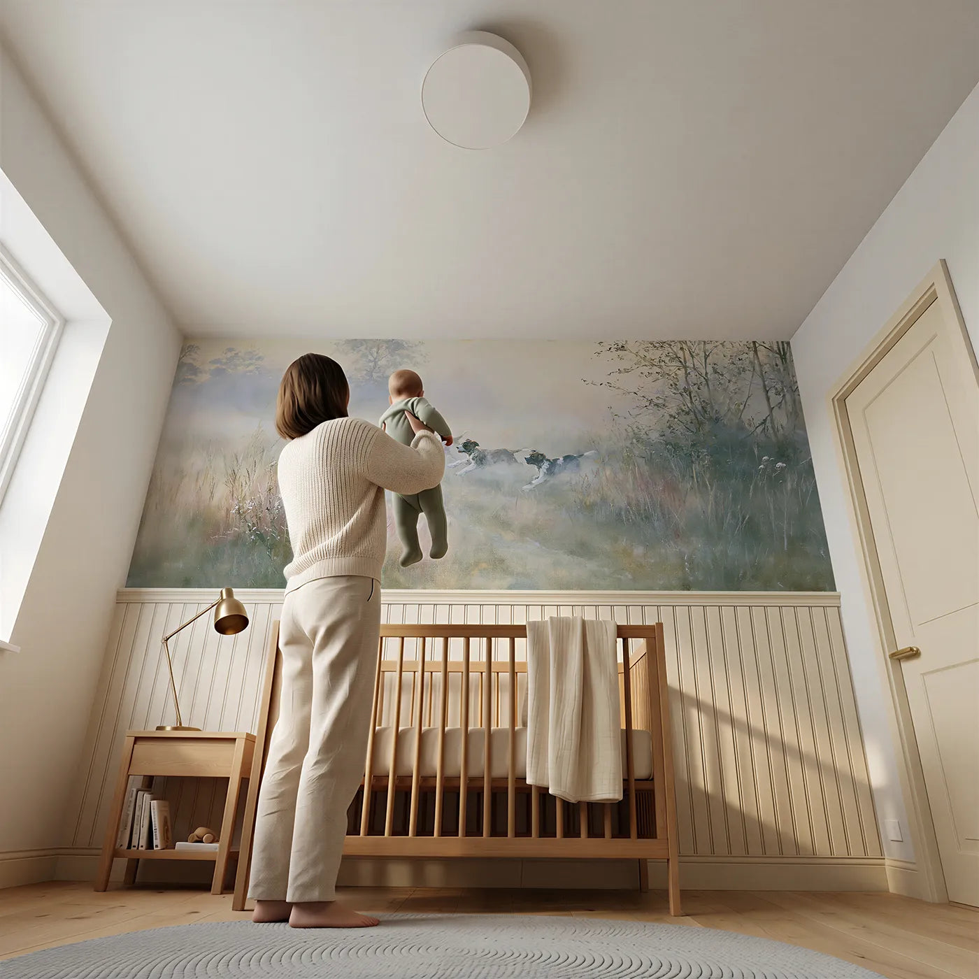 Child reading near Puppy Trio Meadow Romp Wainscoting Wallpaper by Whimsy Tots