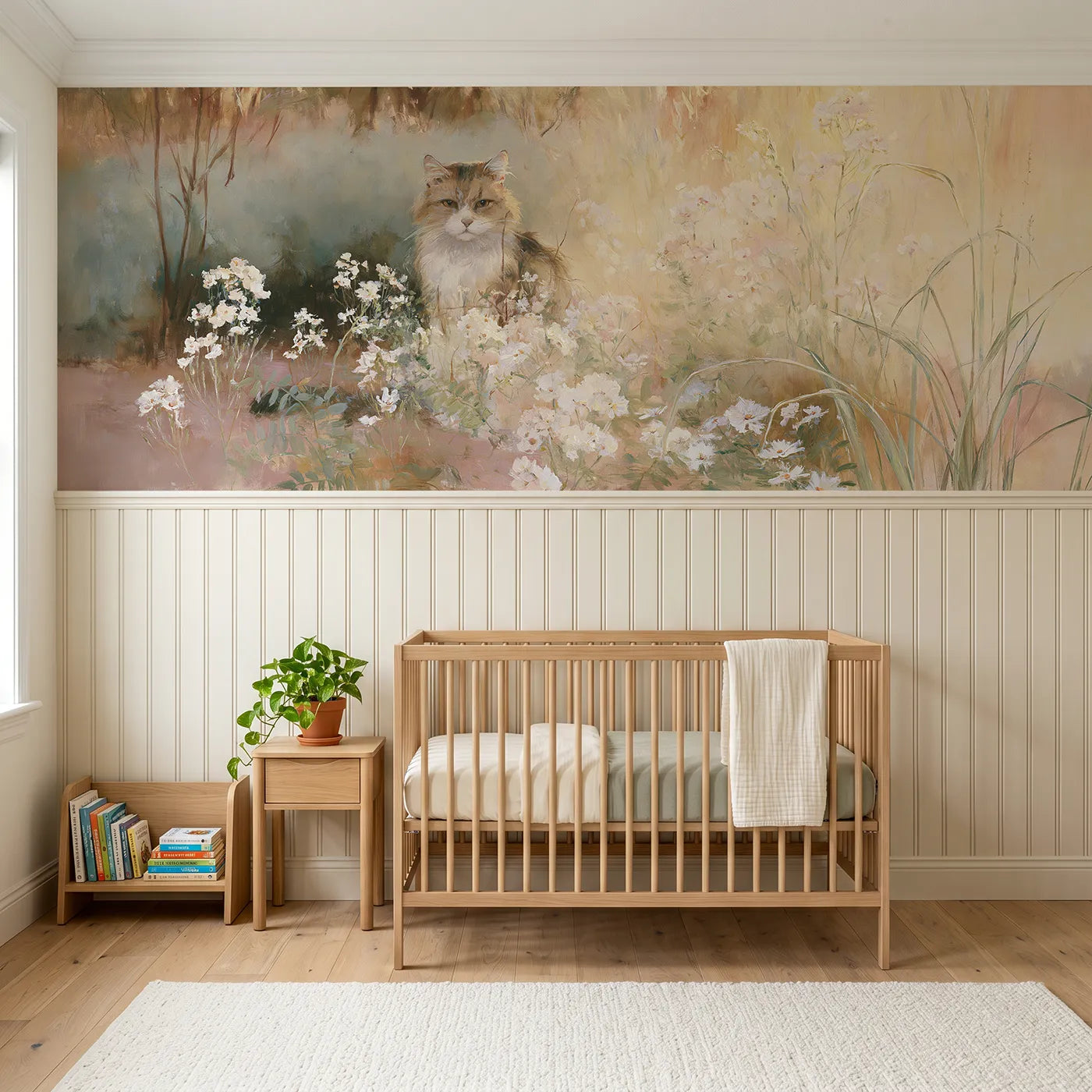 Watercolor wainscoting wallpaper of a cat watching an evening garden by Whimsy Tots
