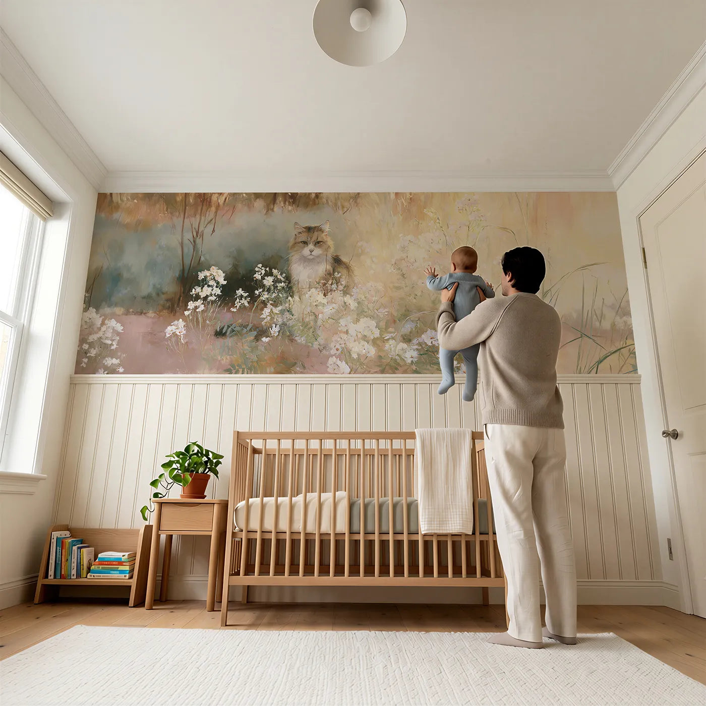 Child reading near Cat Evening Garden Watch Wainscoting Wallpaper by Whimsy Tots