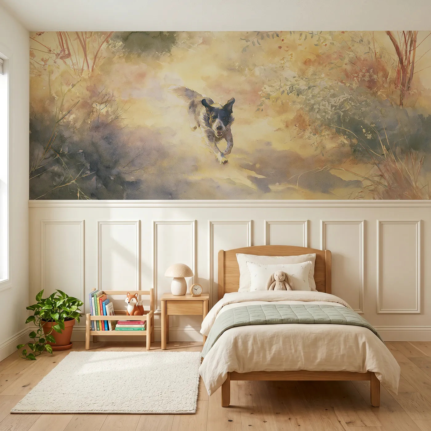Watercolor wainscoting wallpaper of a dog bounding up the garden path by Whimsy Tots