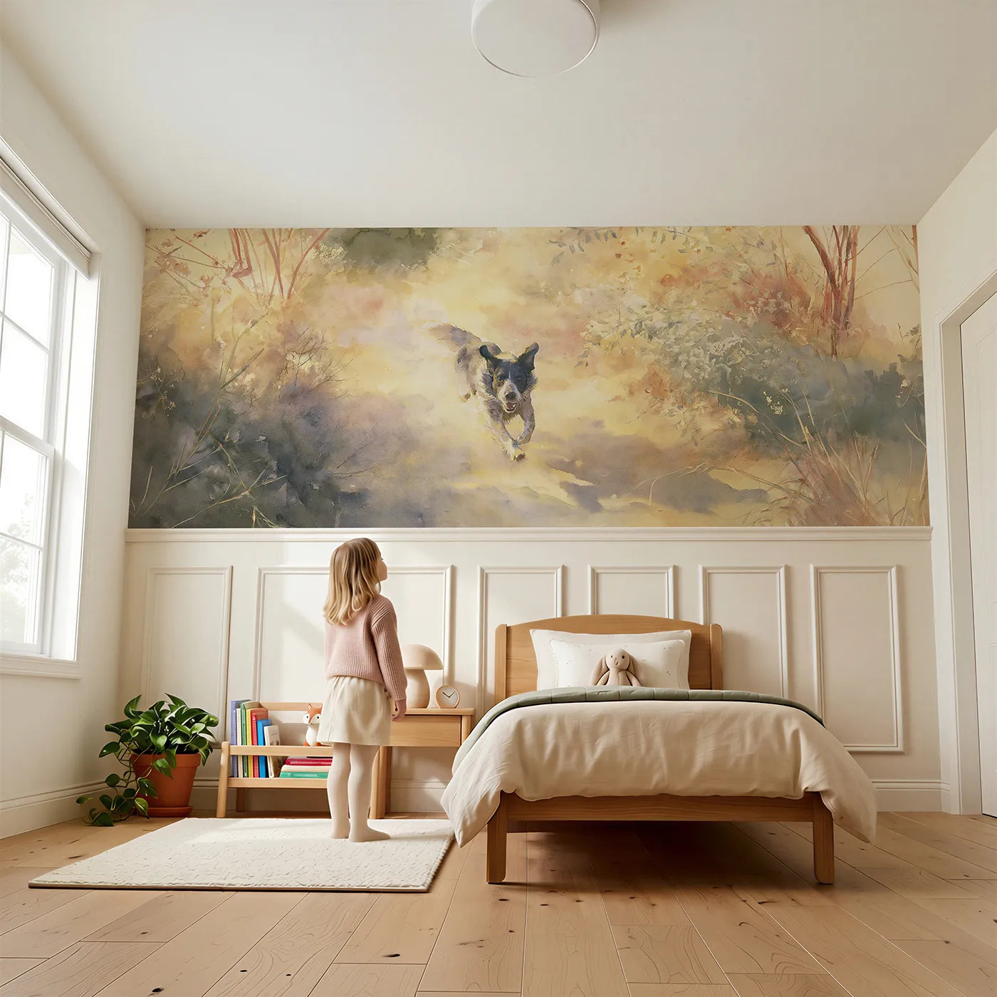 Child reading near Dog Happy Run Home Wainscoting Wallpaper by Whimsy Tots