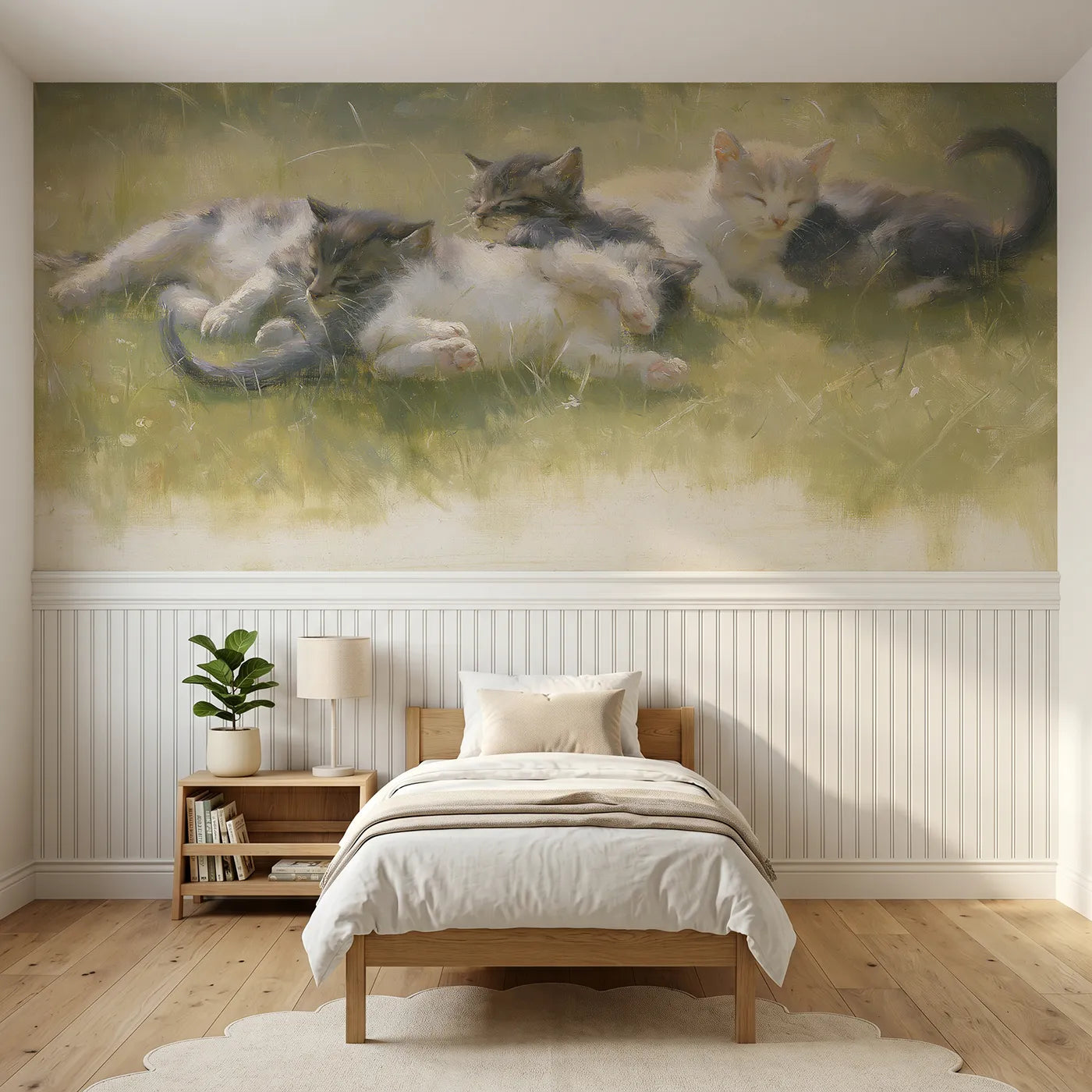 Watercolor wainscoting wallpaper of three kittens tumbling on a lawn by Whimsy Tots
