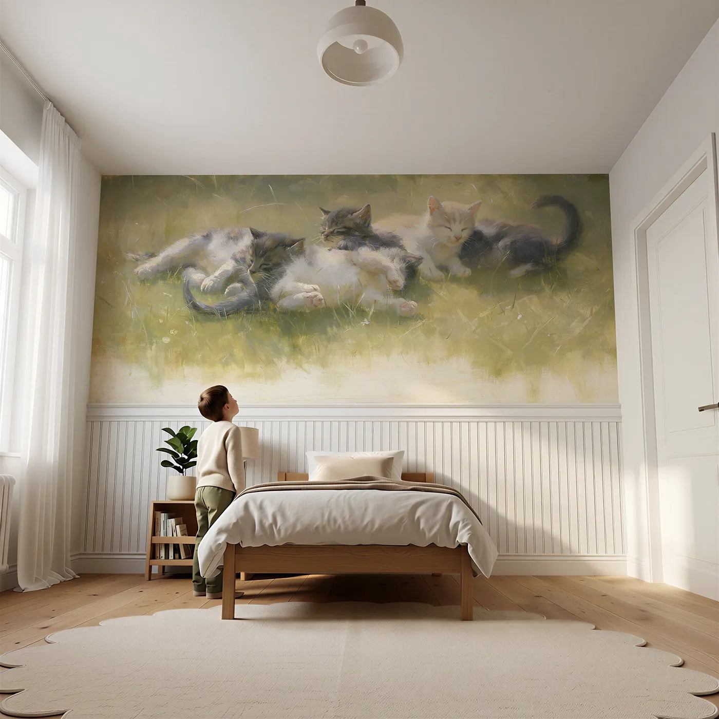 Child reading near Kittens Tumble Trio Wainscoting Wallpaper by Whimsy Tots