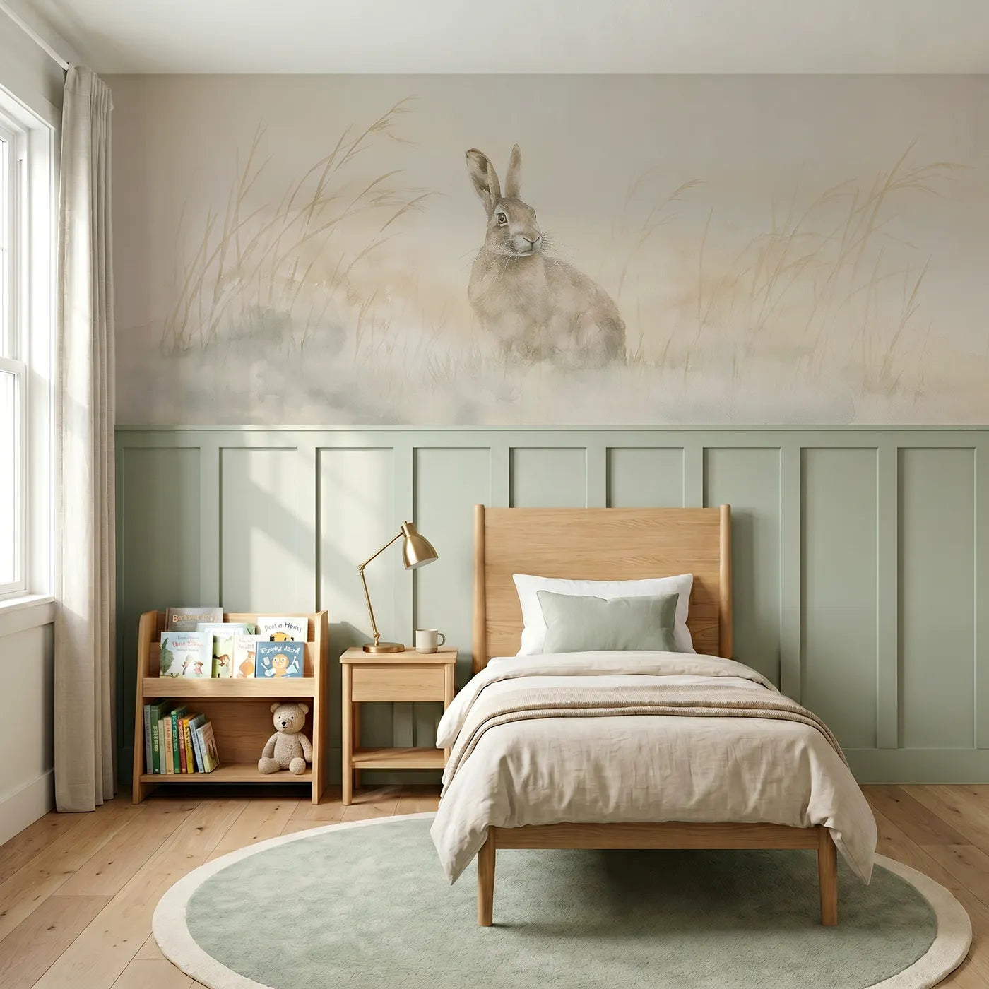 Watercolor wainscoting wallpaper of a bunny with dewy whiskers at dawn by Whimsy Tots