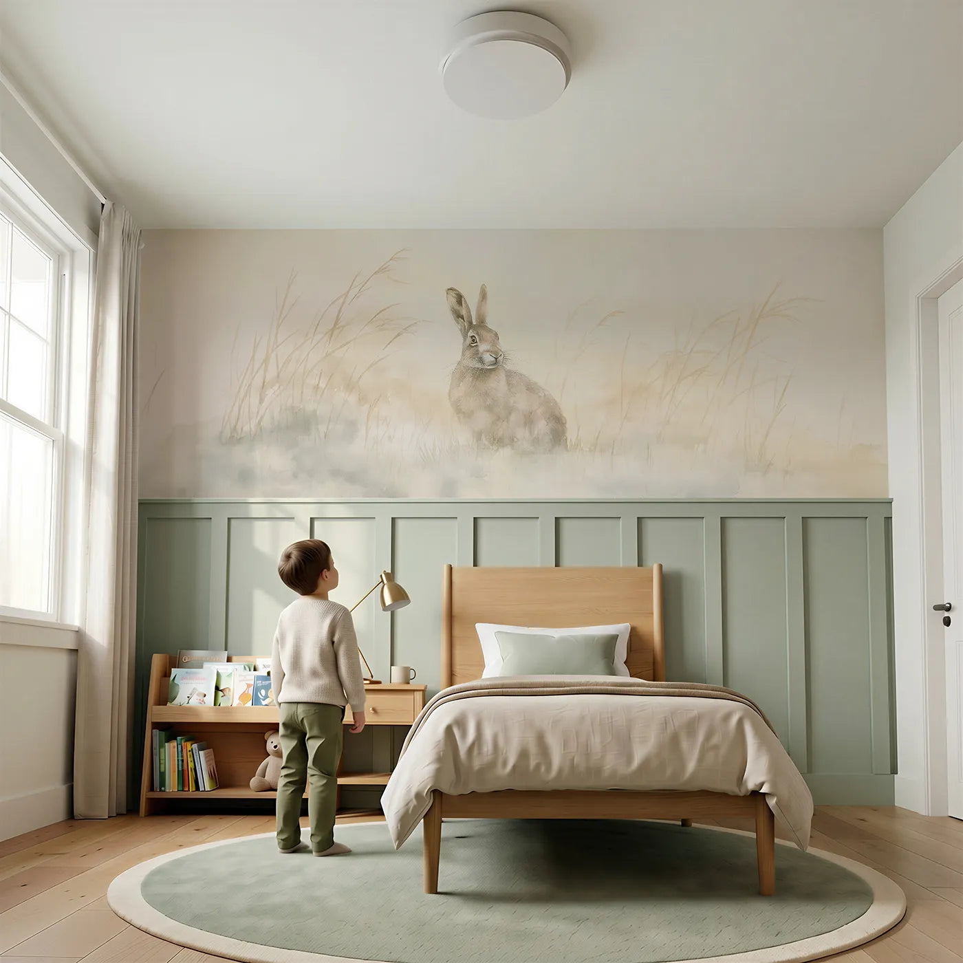 Child reading near Bunny Dew Whiskers Dawn Wainscoting Wallpaper by Whimsy Tots