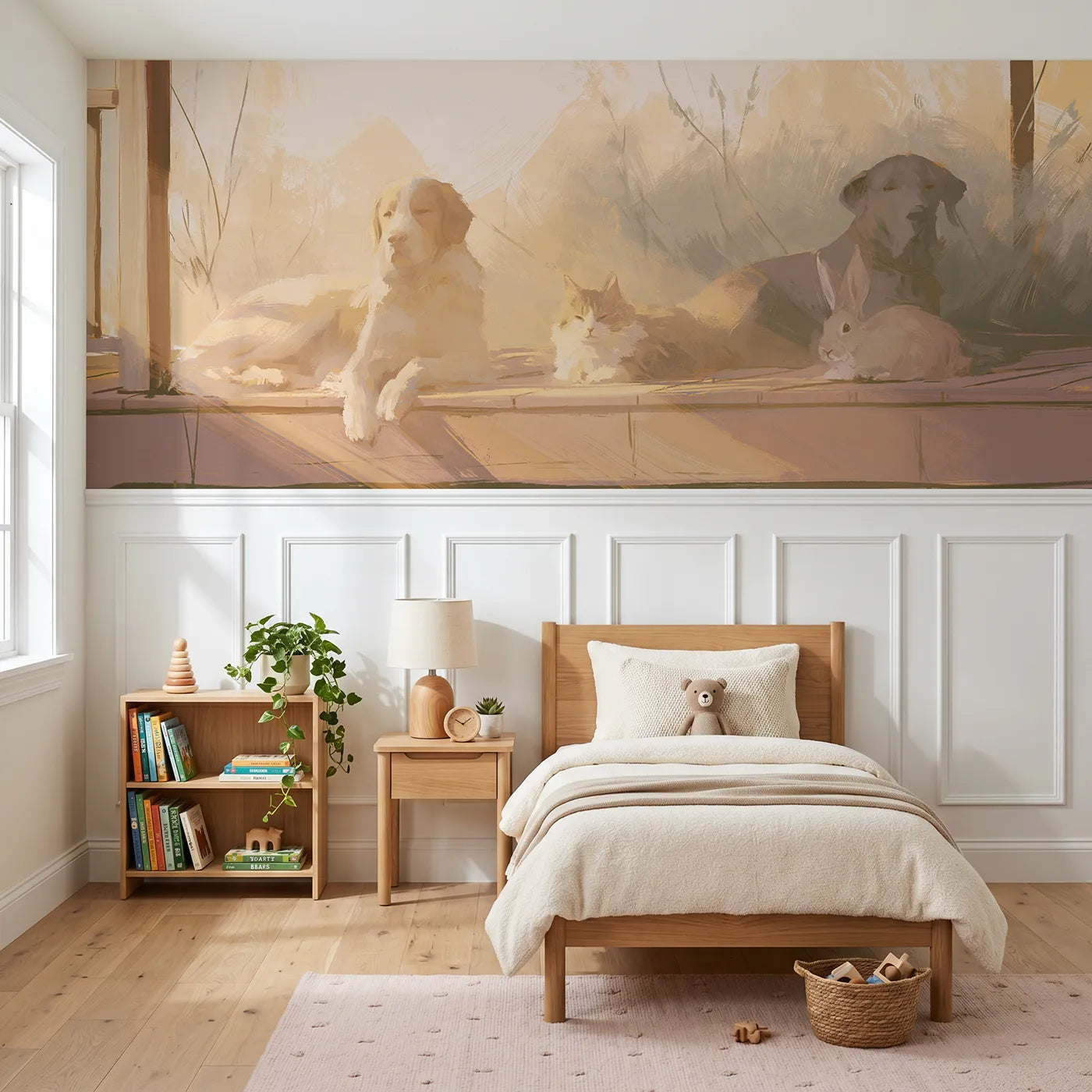 Watercolor wainscoting wallpaper of pets sharing a sunny porch step by Whimsy Tots