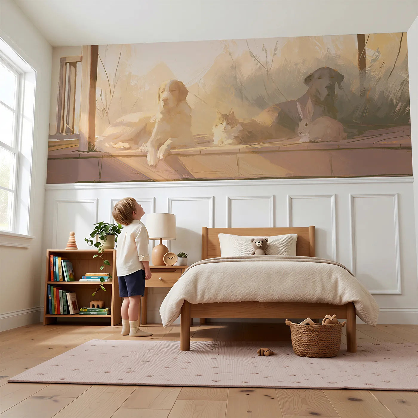 Child reading near Mixed Pets Porch Morning Wainscoting Wallpaper by Whimsy Tots