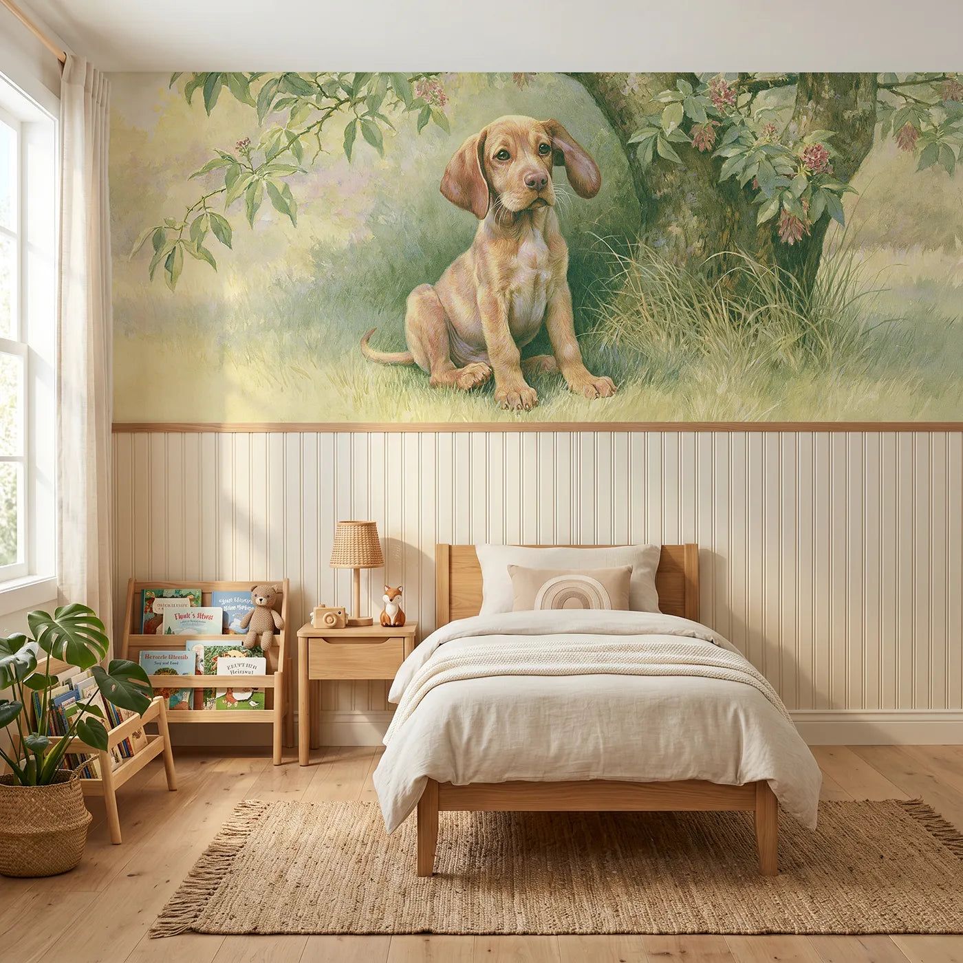 Storybook wainscoting wallpaper of a puppy with an inside-out ear by Whimsy Tots
