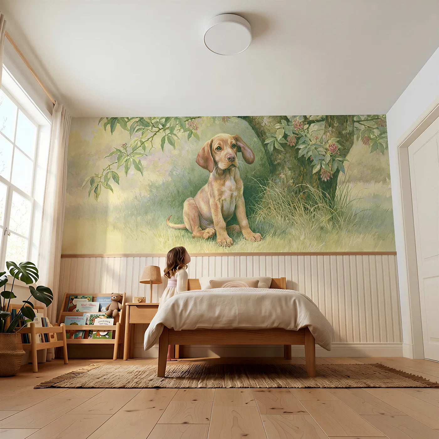 Child reading near Puppy Ear Inside Out Wainscoting Wallpaper by Whimsy Tots