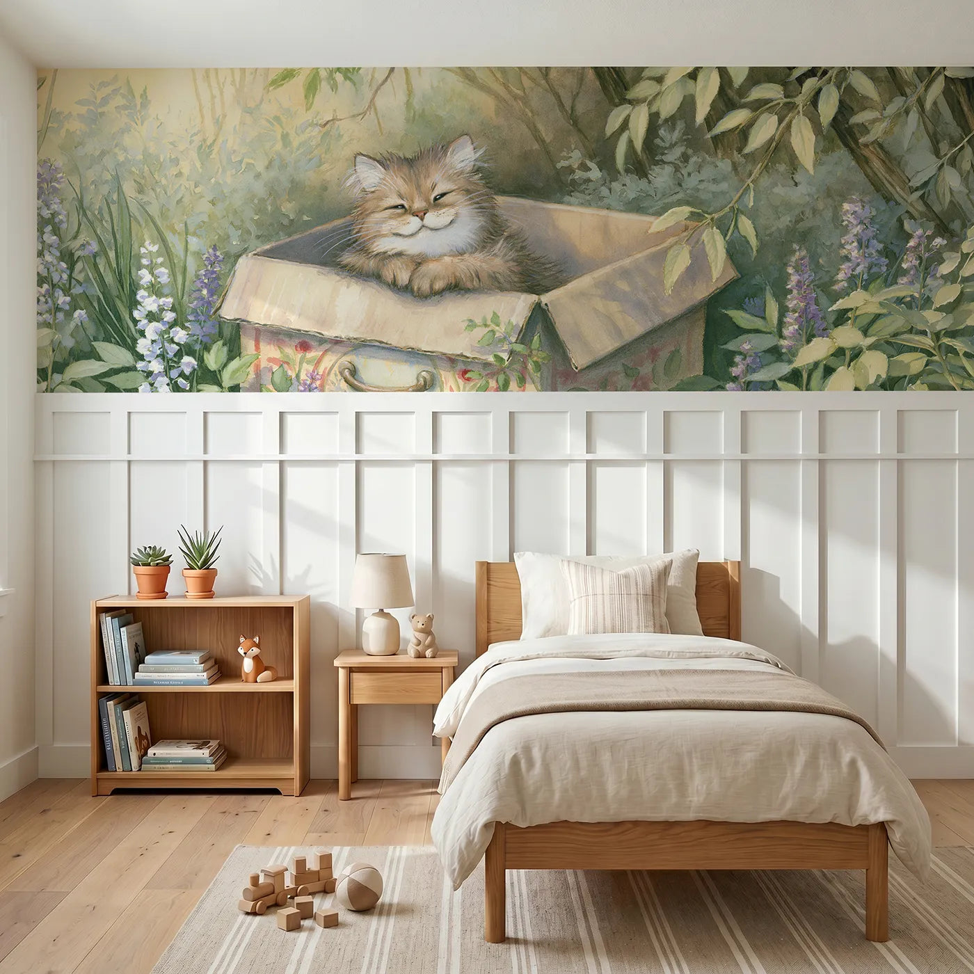 Storybook wainscoting wallpaper of a kitten in a too-small box by Whimsy Tots