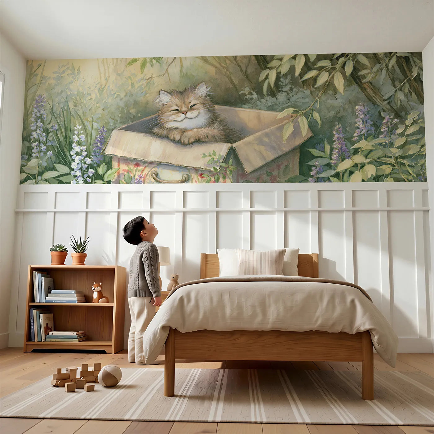 Child reading near Kitten Box Sit Proud Wainscoting Wallpaper by Whimsy Tots