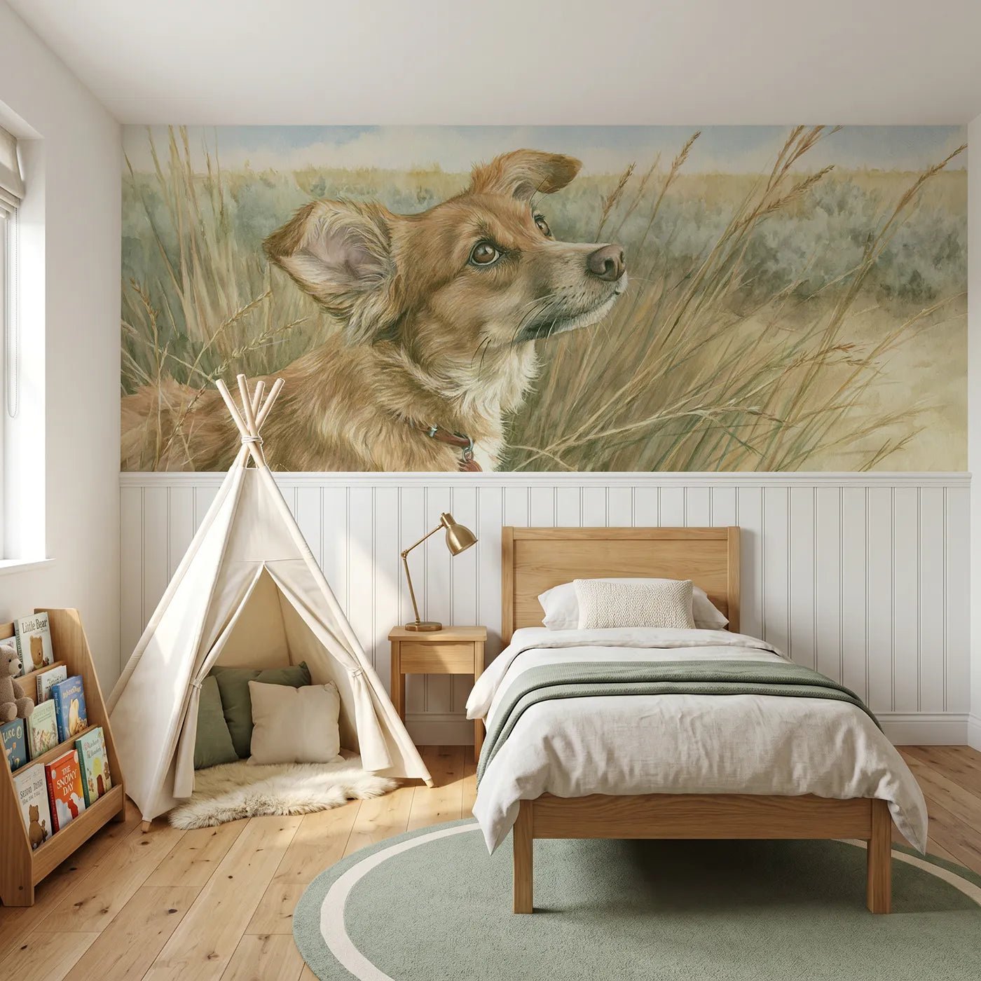 Storybook wainscoting wallpaper of a dog head-tilting at a sound by Whimsy Tots